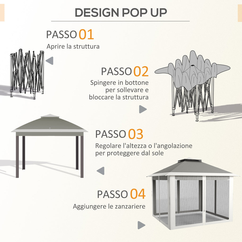 EasyComfort Gazebo da Esterno ad Altezza Regolabile with Zanzariere, in Metallo e Tessuto Oxford, 3.3x3.3x2.8 m, Grigio Scuro