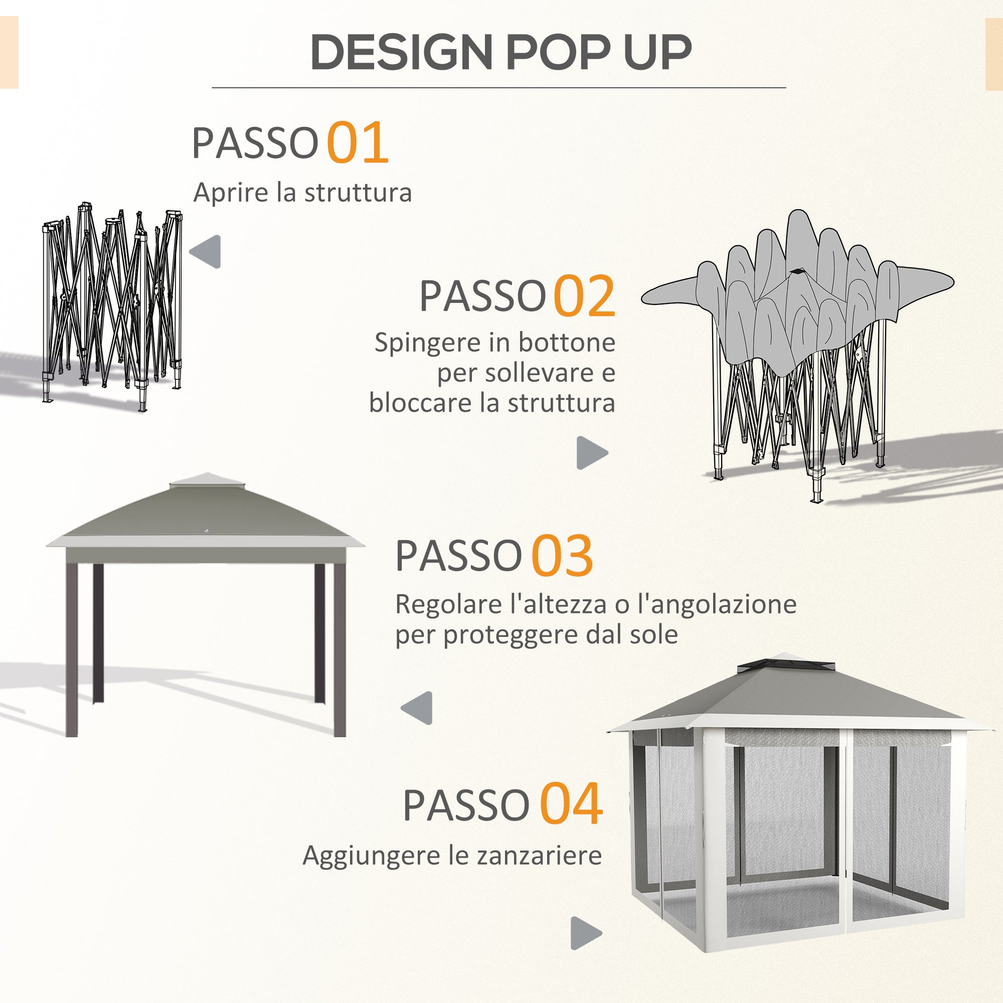 EasyComfort Gazebo da Esterno ad Altezza Regolabile with Zanzariere, in Metallo e Tessuto Oxford, 3.3x3.3x2.8 m, Grigio Scuro