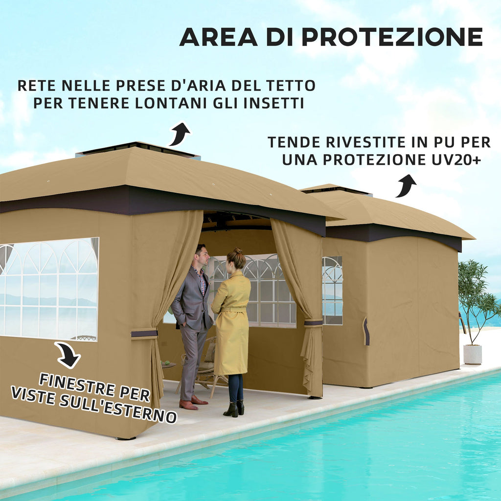 EasyComfort Gazebo da Giardino 3.4x3.4m with Pareti, Protezione UV e Tetto a 2 Livelli, Beige