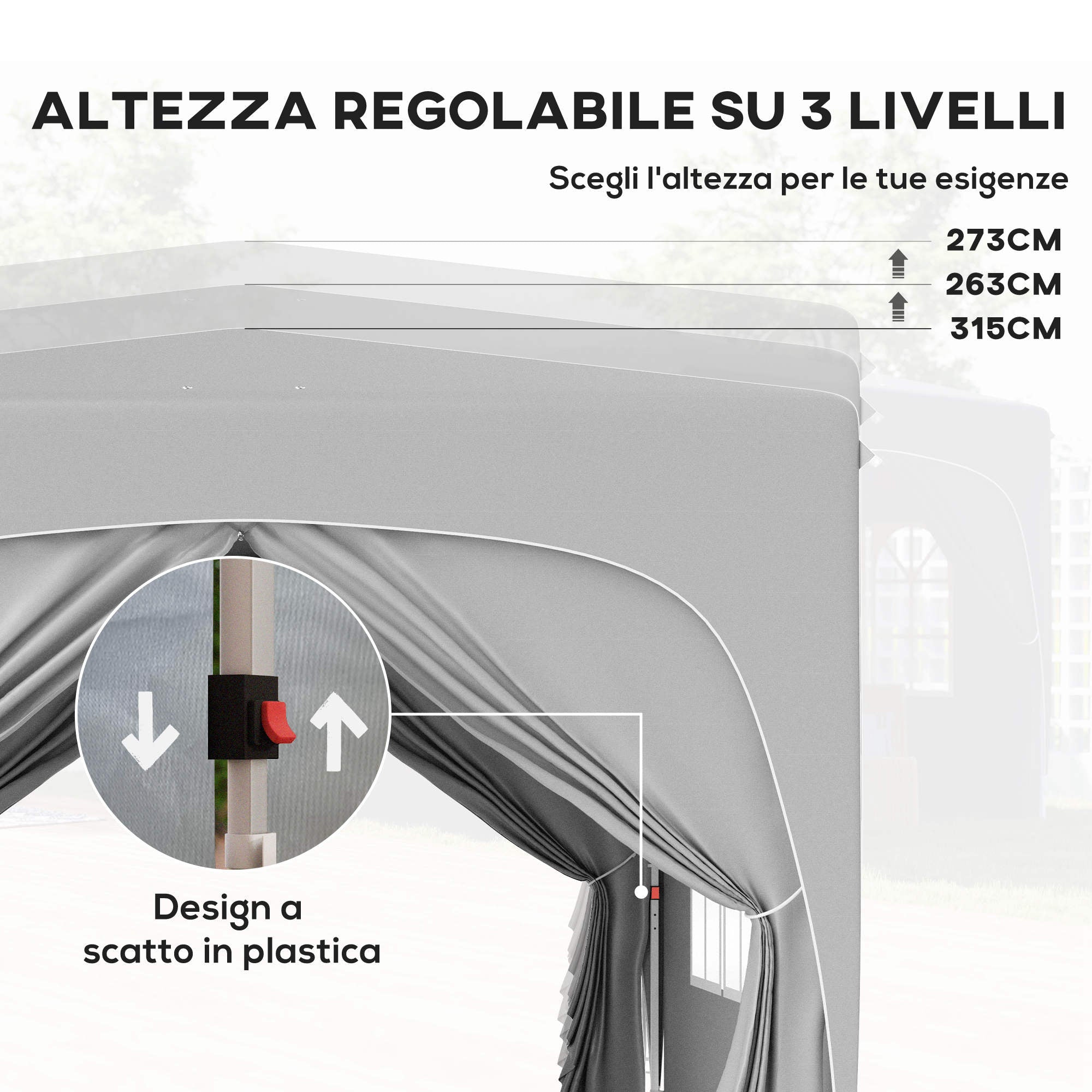 EasyComfort Gazebo 3x3 m inklapbaar verstelbare hoogte UPF50+ lichtgrijs