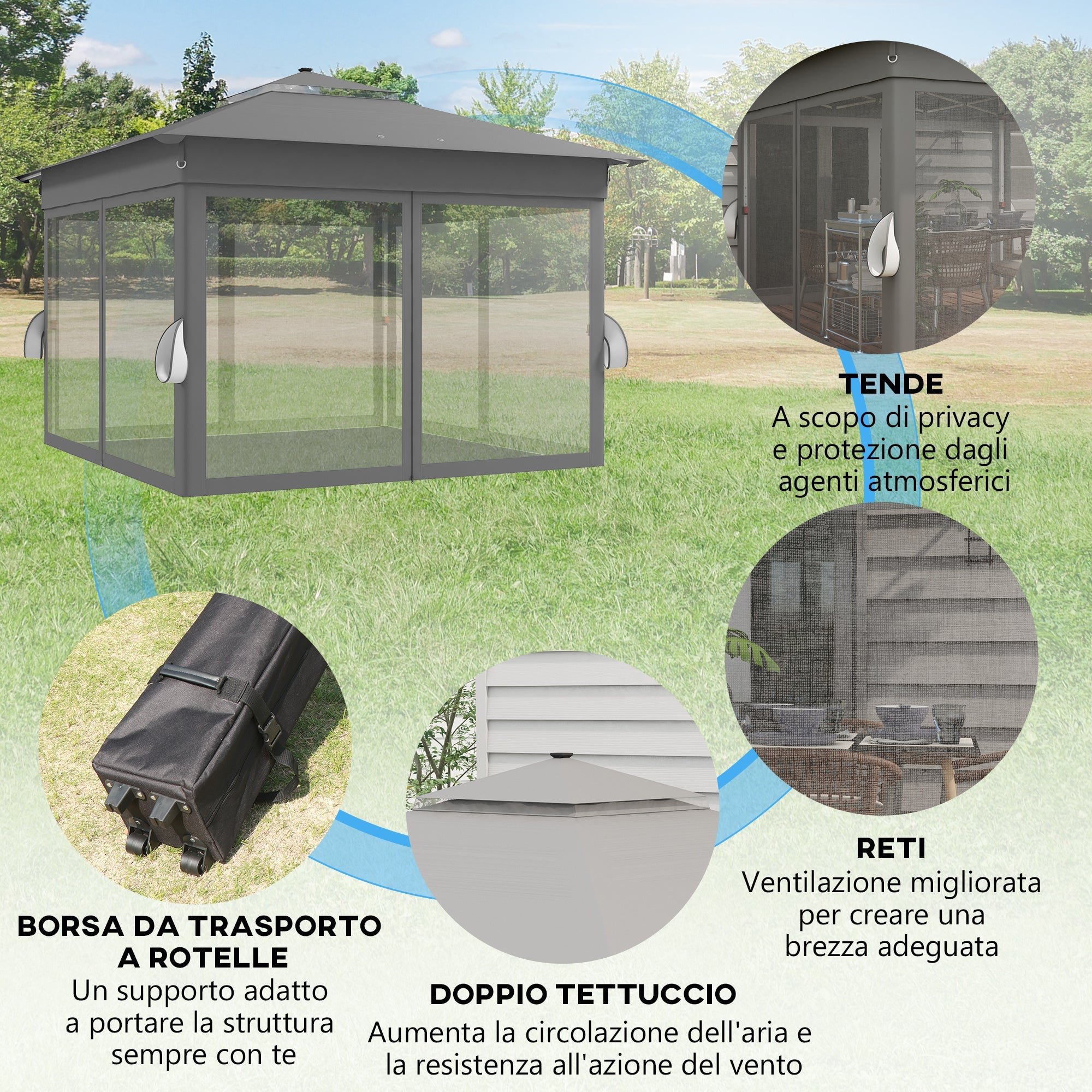 EasyComfort Gazebo da Giardino ad Altezza Regolabile with Luci LED, in Acciaio e tessuto Oxford, 336x336x250-270 cm, Grigio