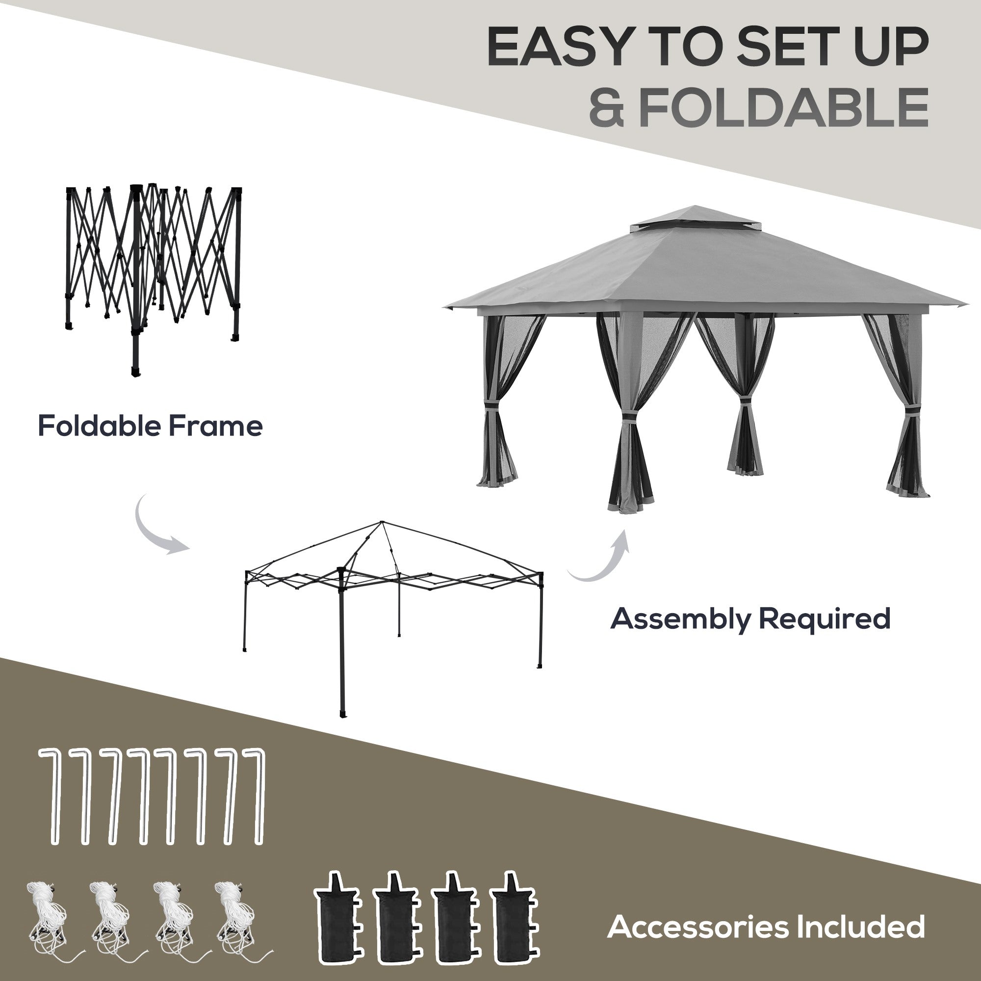 Easycomfort Gazebo Pieghevole 4x4 with Borsa da Trasporto, Picchetti, Funi e Sacchi di Sabbia Inclusi, 392x392x283 cm, Grigio