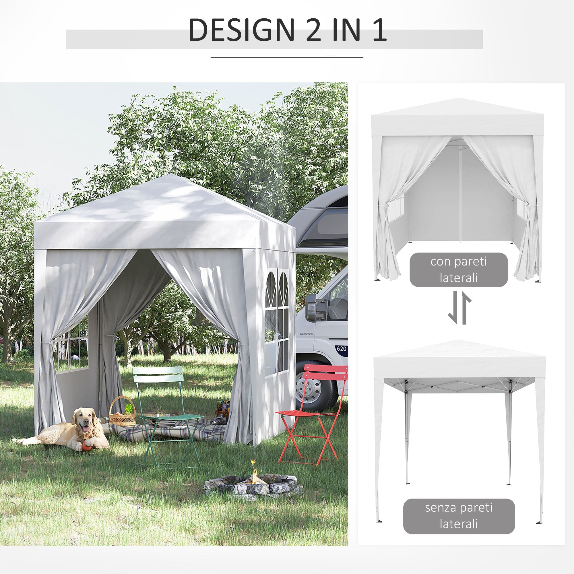 EasyComfort Gazebo Pieghevole Pop Up 2x2 m with 4 Pareti Rimovibili in Poliestere e Acciaio, white