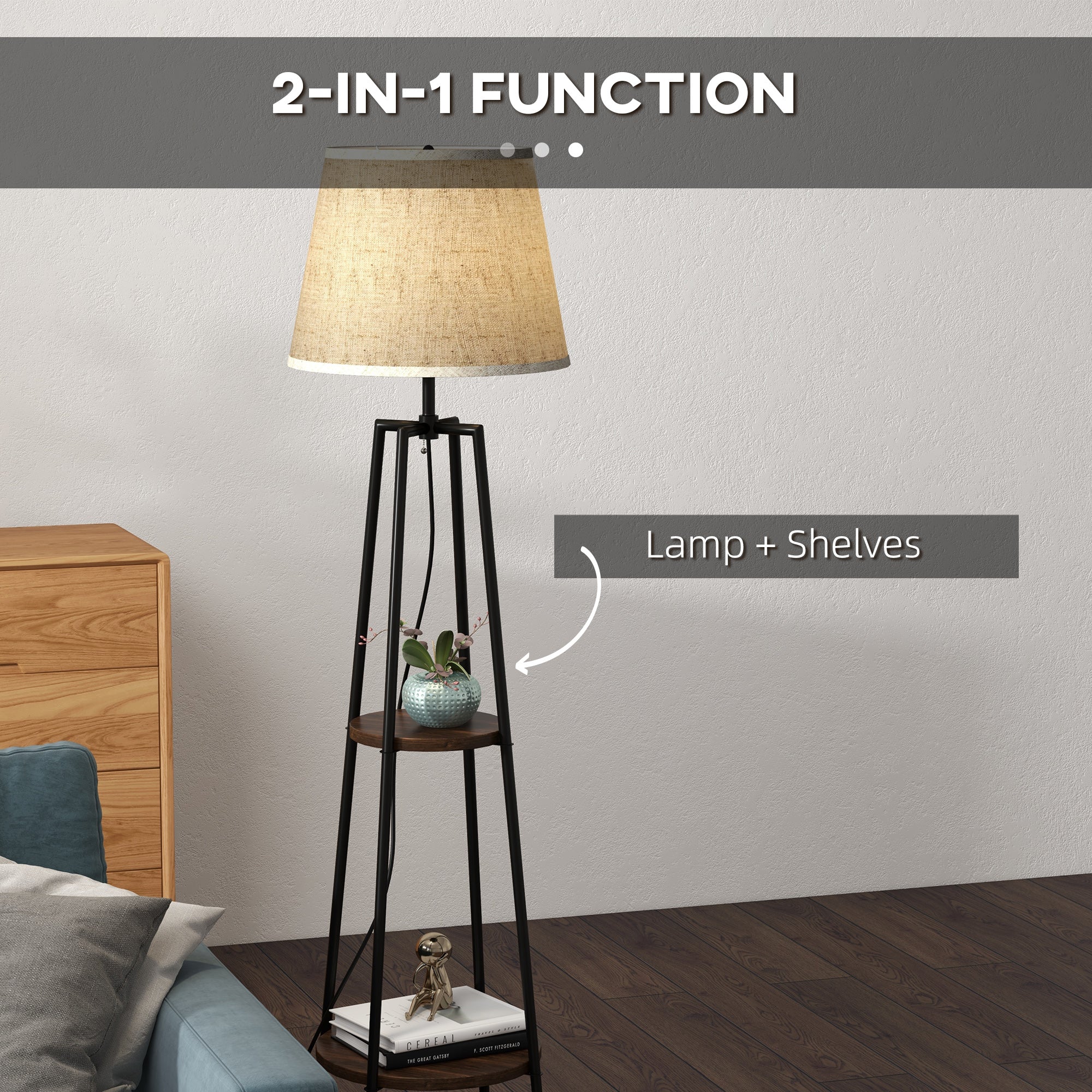 EasyComfort Staande lamp met 2 planken Ø42 x 166A cm zwart/bruin