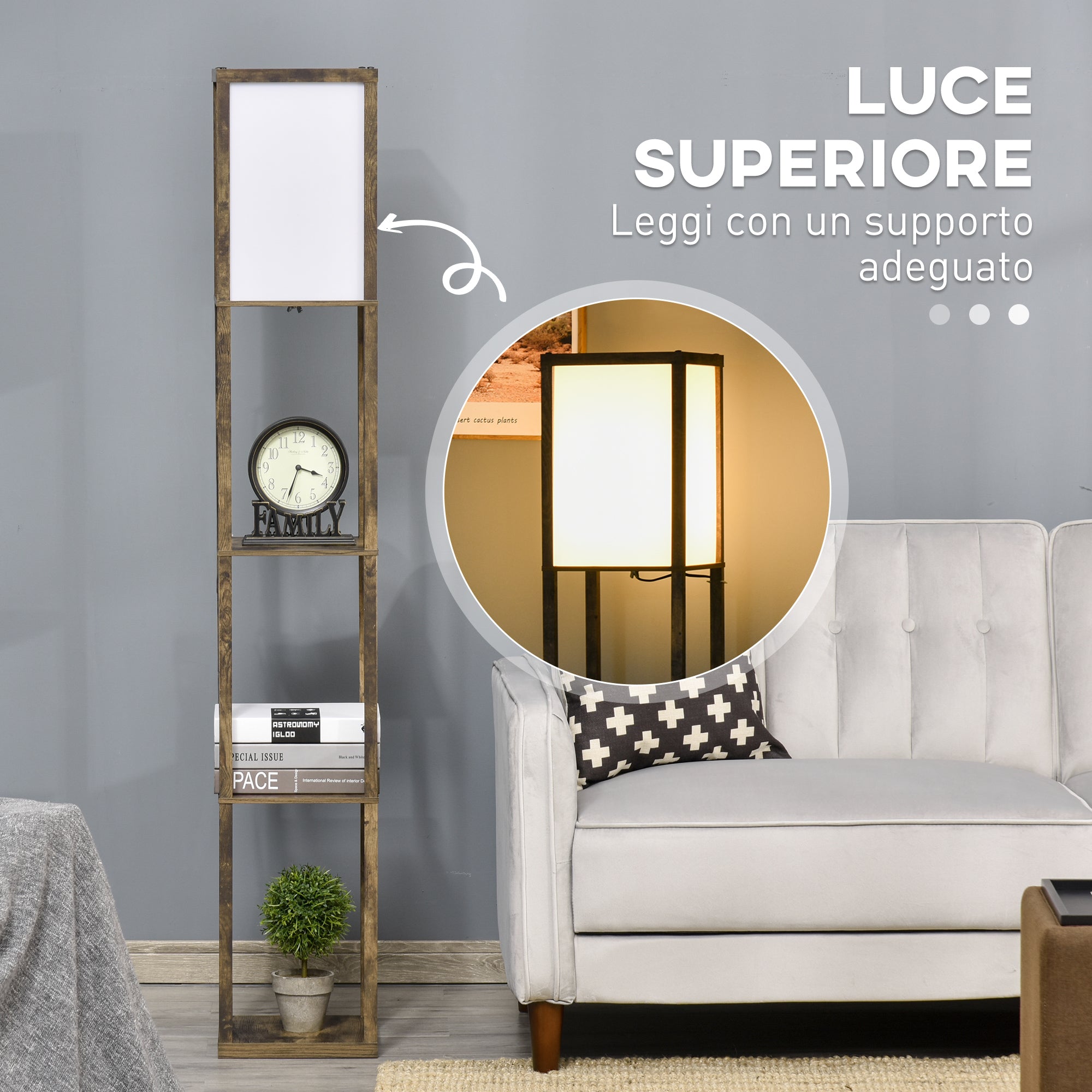 EasyComfort Vloerlamp met 3 planken, E27 40W, 26x26x160 cm houtkleur