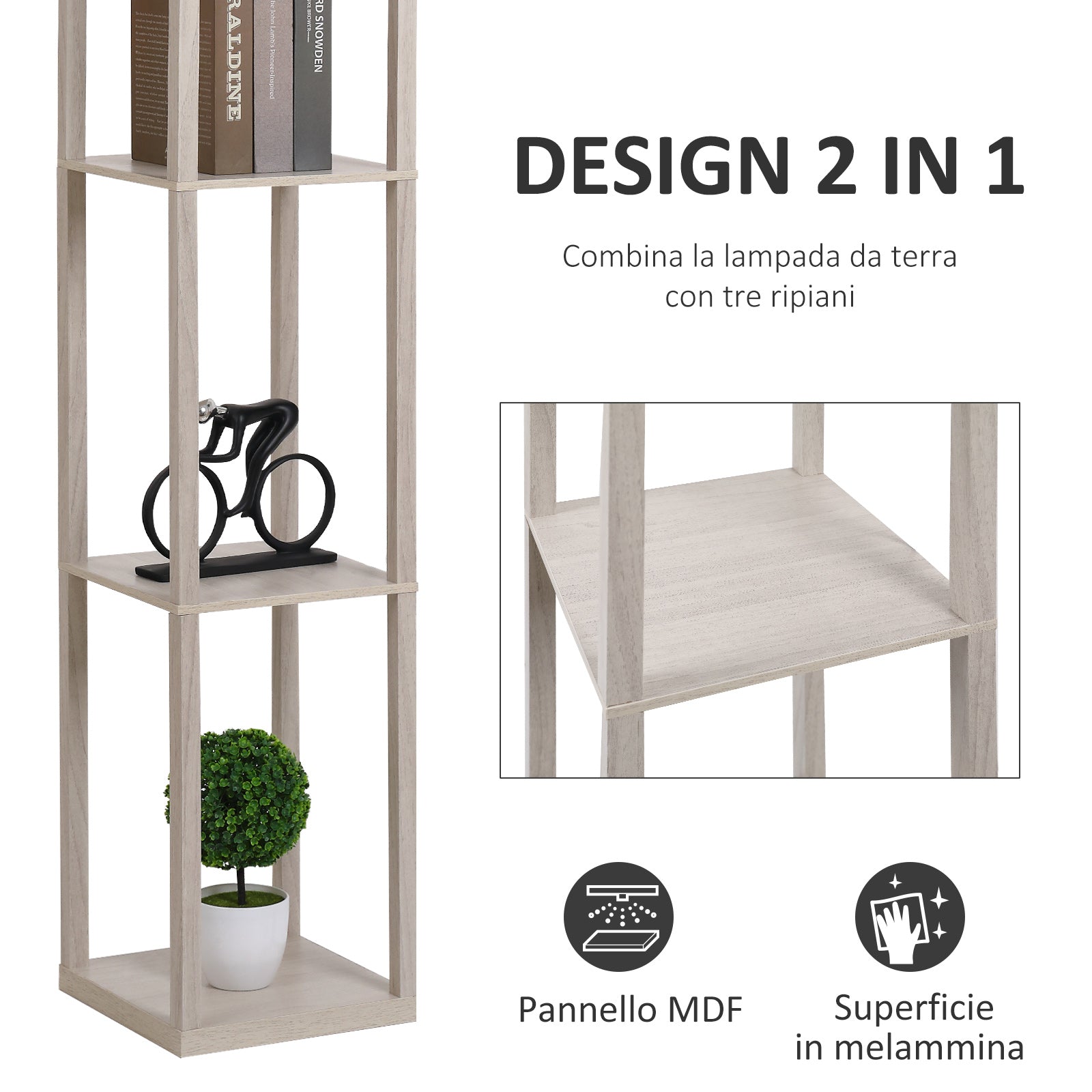 EasyComfort vloerlamp met 3 planken 40W E27 26x26x160 cm eiken
