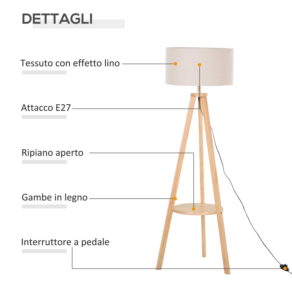 Easycomfort Lampada da Terra with Ripiano Intermedio Paralume in Lino Interruttore a Pedale Risparmio Energetico Altezza 154cm, Legno, 50x50x154 cm