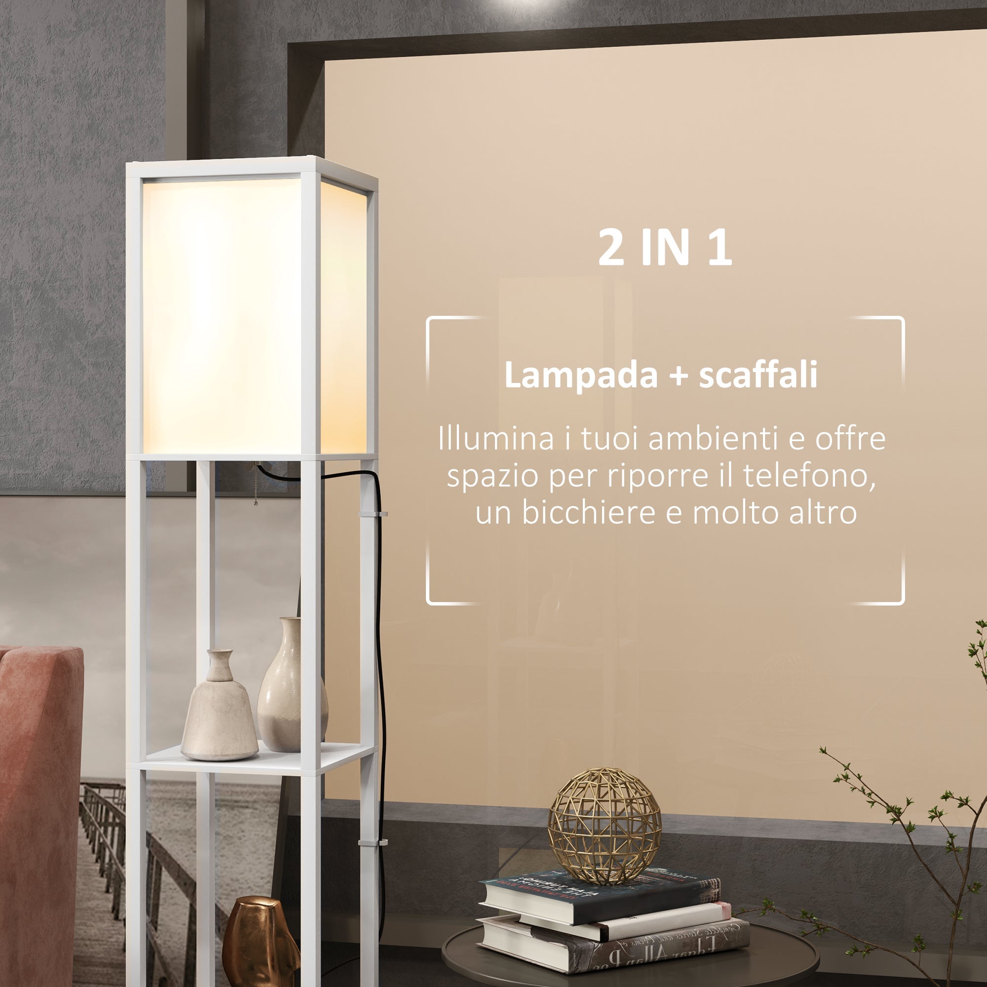 EasyComfort Vloerlamp met 2 lampschermen en 2 planken, E27 40W, 26x26x156 cm