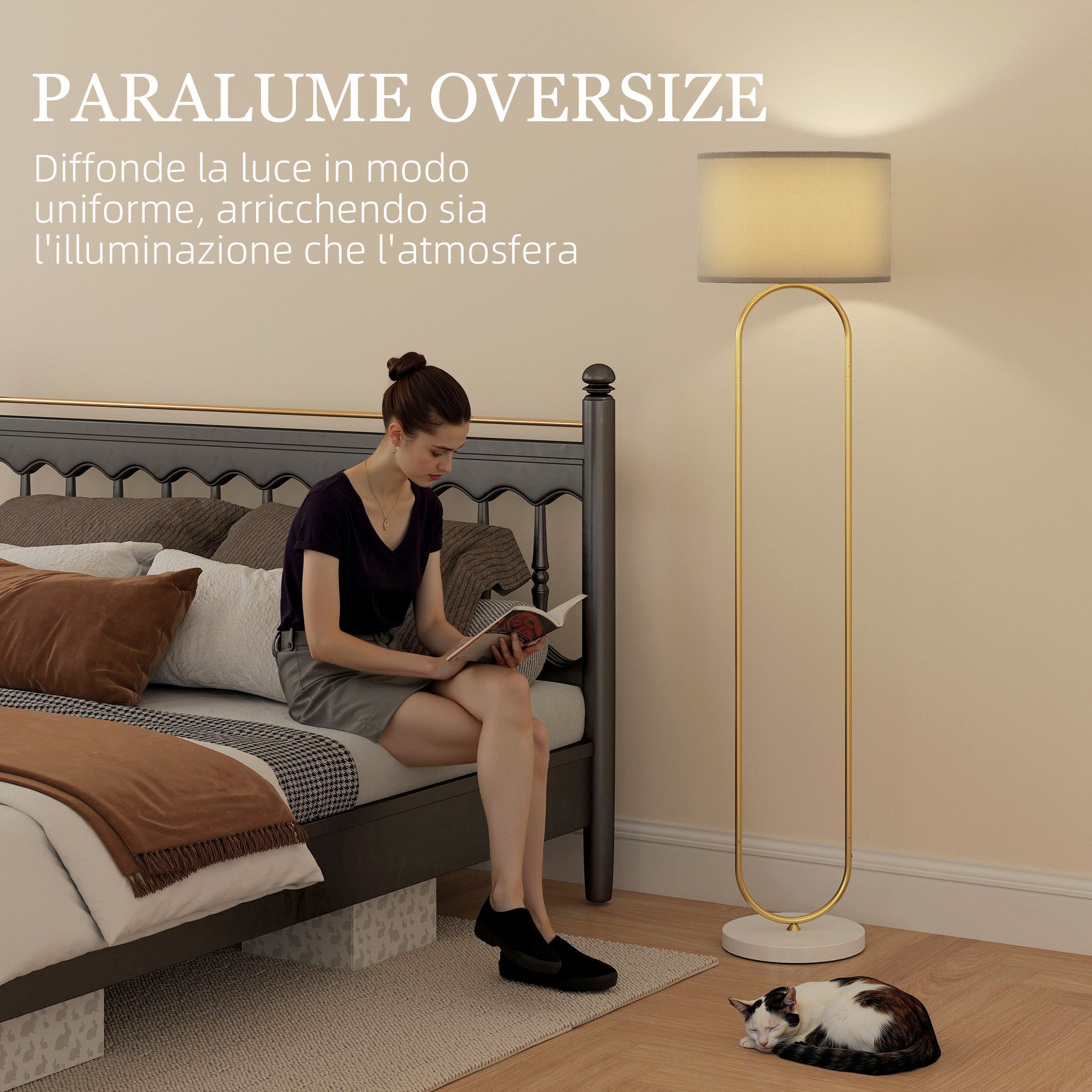 EasyComfort Lampada da Terra Moderna con Paralume in Tessuto, Doppio Tubo Metallico e Interruttore a Pedale, Oro