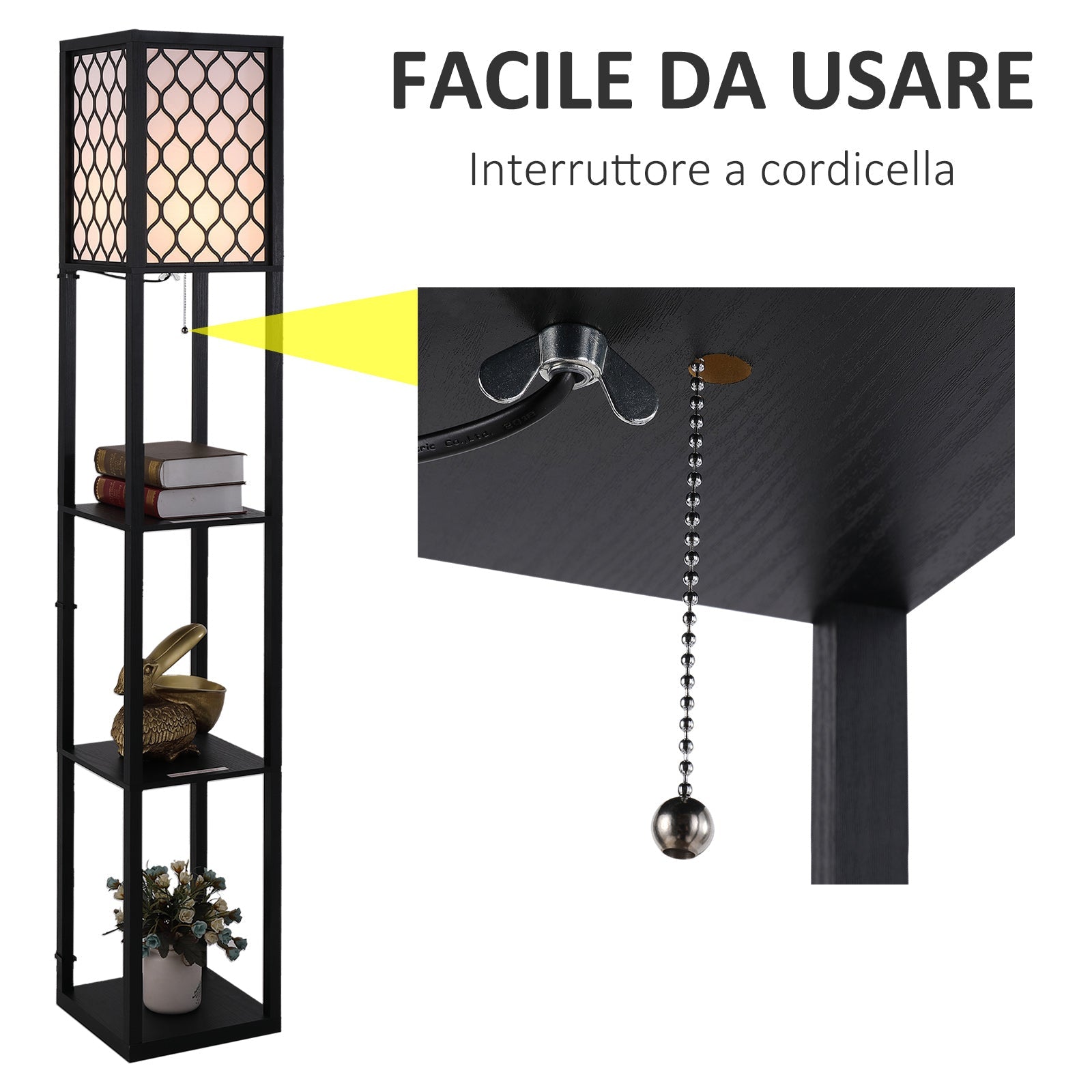 Easycomfort Lampada Lampadina da Terra Salvaspazio with Ripiani Durevole Cotone, MDF 26 x 26 x 160 cm black, bianco