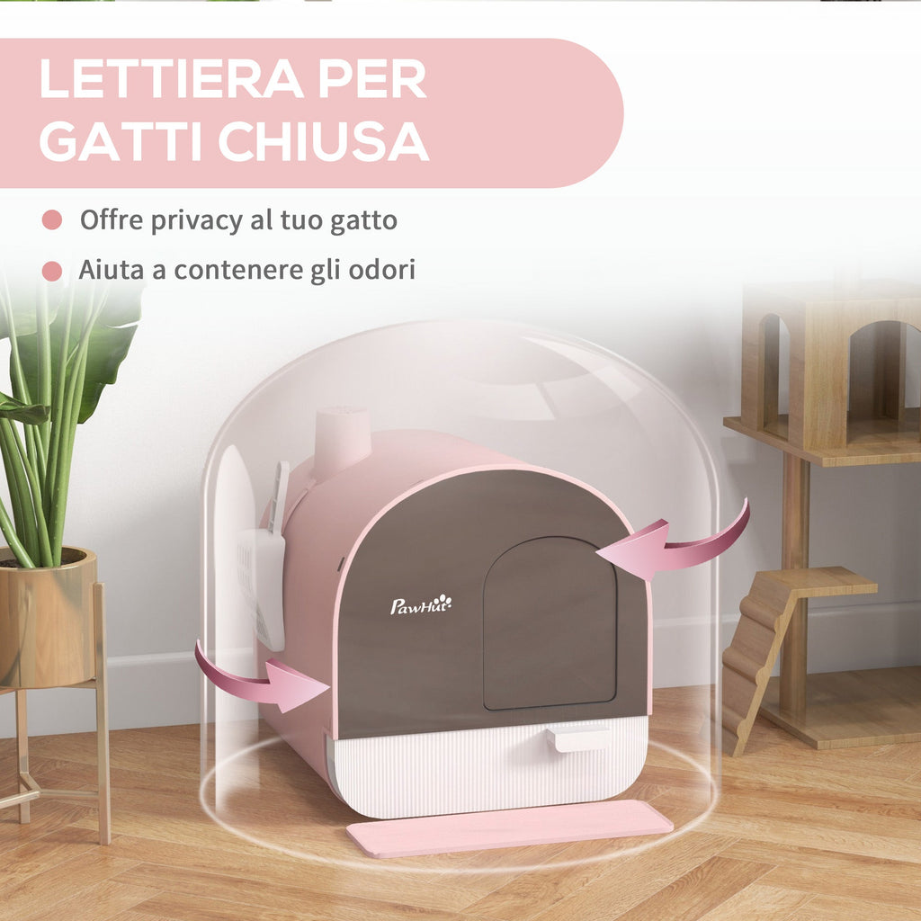 EasyComfort Lettiera per Gatti Chiusa con Filtri, Paletta e Vassoio, Struttura in PP, 43x44x47cm, Rosa