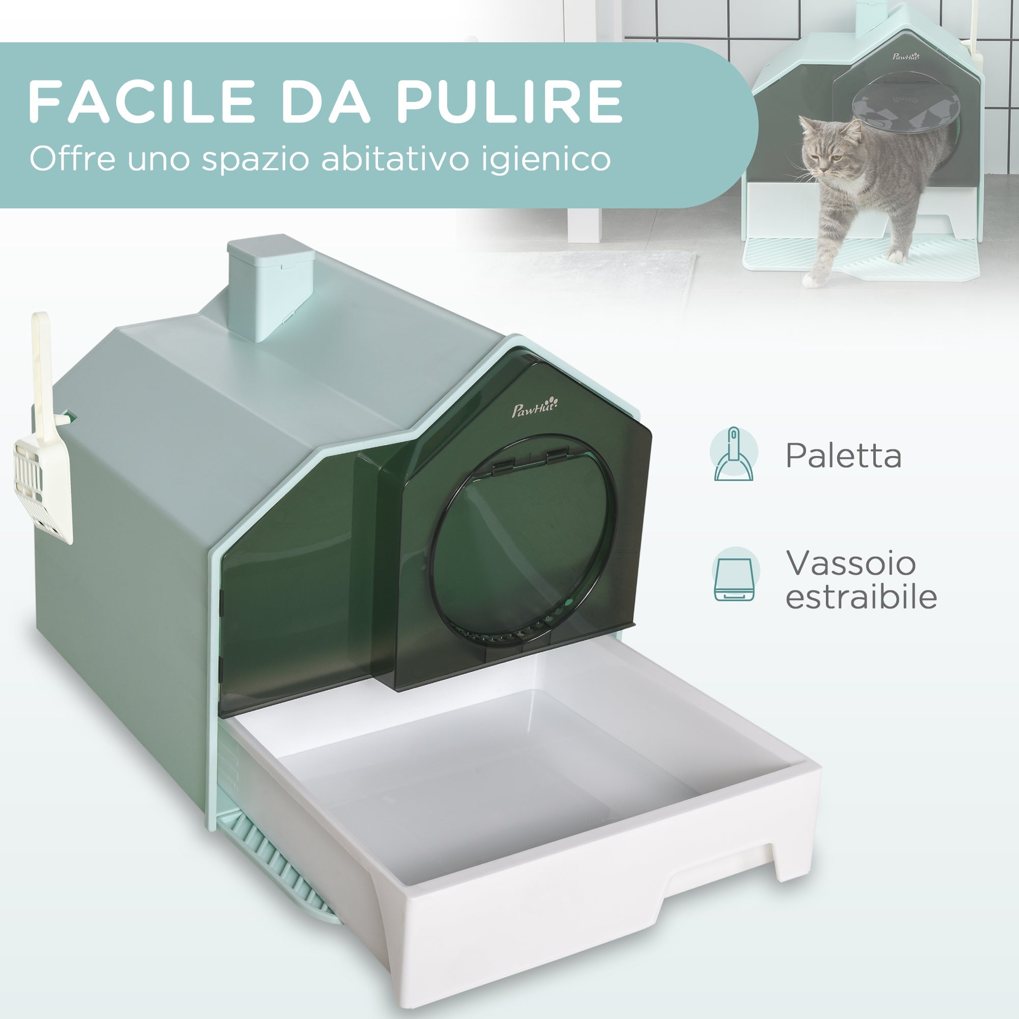 EasyComfort Lettiera per Gatti Chiusa con Vassoio Estraibile, Tappetino e Paletta, 47x45x42cm, Azzurro