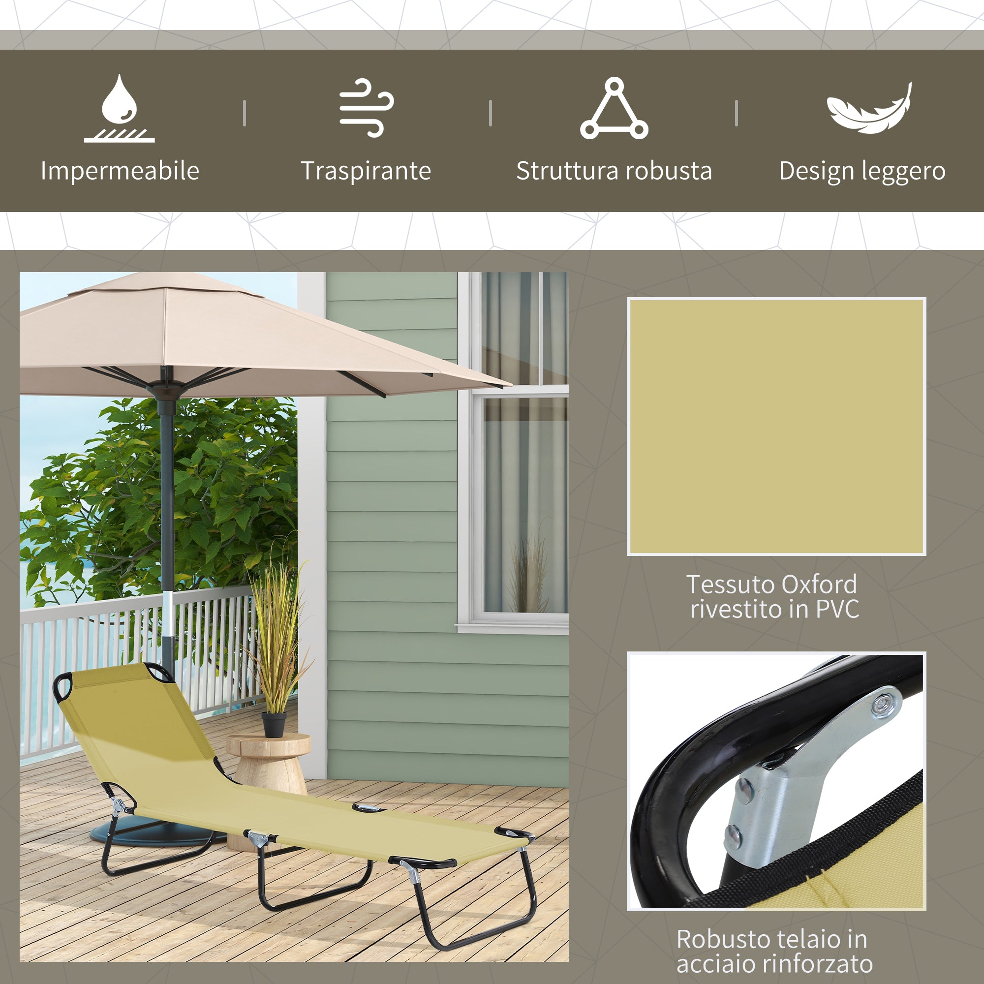 EasyComfort Lettino da Giardino with Schienale Regolabile in 5 Posizioni, in Acciaio e Tessuto Oxford, 188x56x28 cm, Beige