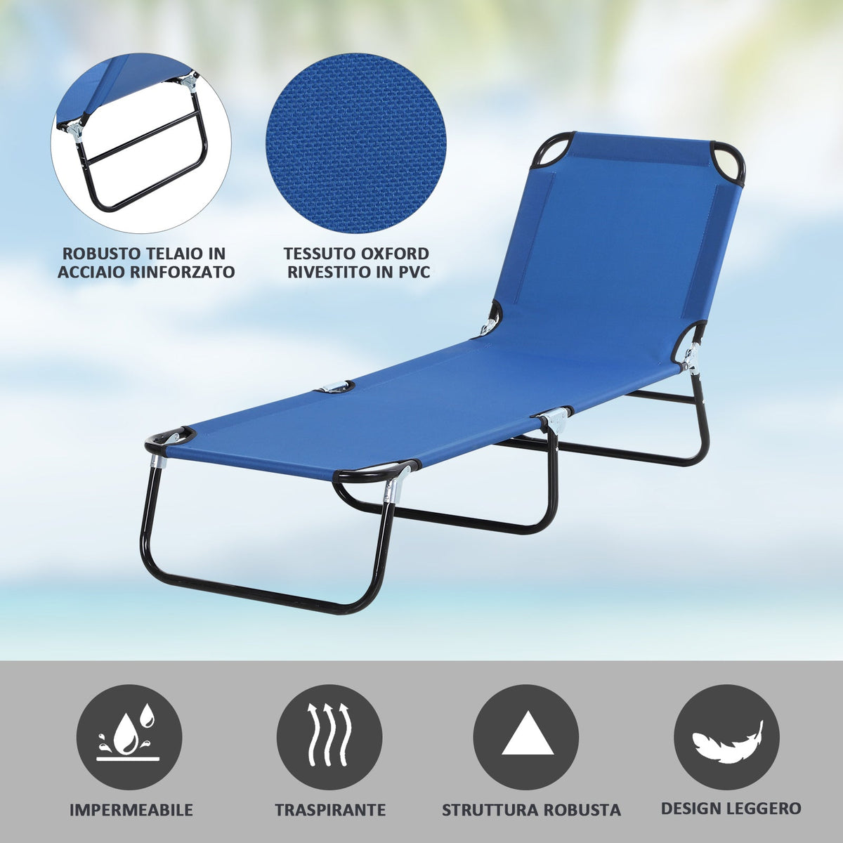 EasyComfort Tuinligbed verstelbaar (5 posities), 188x56x28 cm, blauw