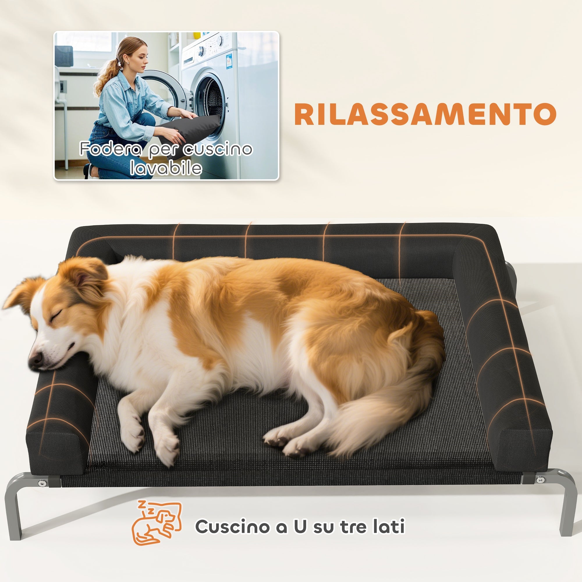 EasyComfort Lettino per Cani Rialzato di 19.5 cm con Cuscino a U, in Poliestere e Acciaio, 110x75x30 cm, Nero e Argento