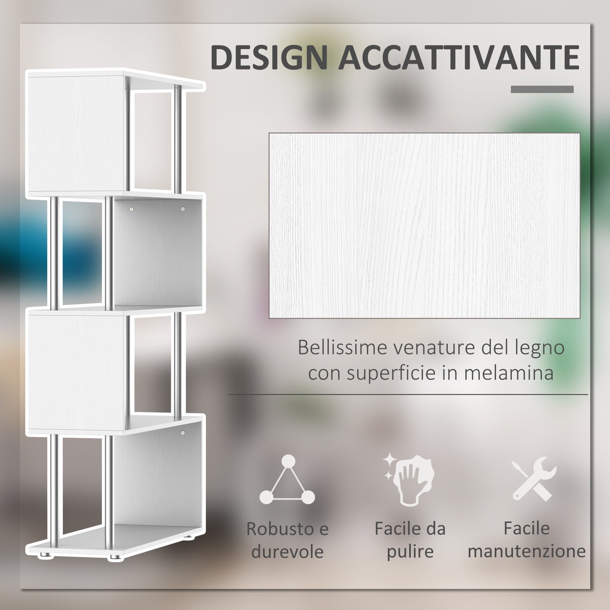 Easycomfort Libreria a 4 Ripiani Design Moderno in Legno e Metallo, Libreria Scaffale per Soggiorno, Studio, Ufficio, 80x30x145cm Bianca
