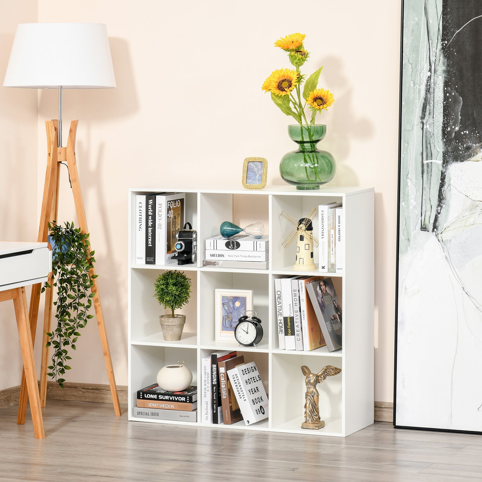 Easycomfort Libreria Bianca per Casa e Ufficio, Scaffale dal Design Moderno with 9 Scomparti in Legno, 91.5 x 29.5 x 91.5 cm