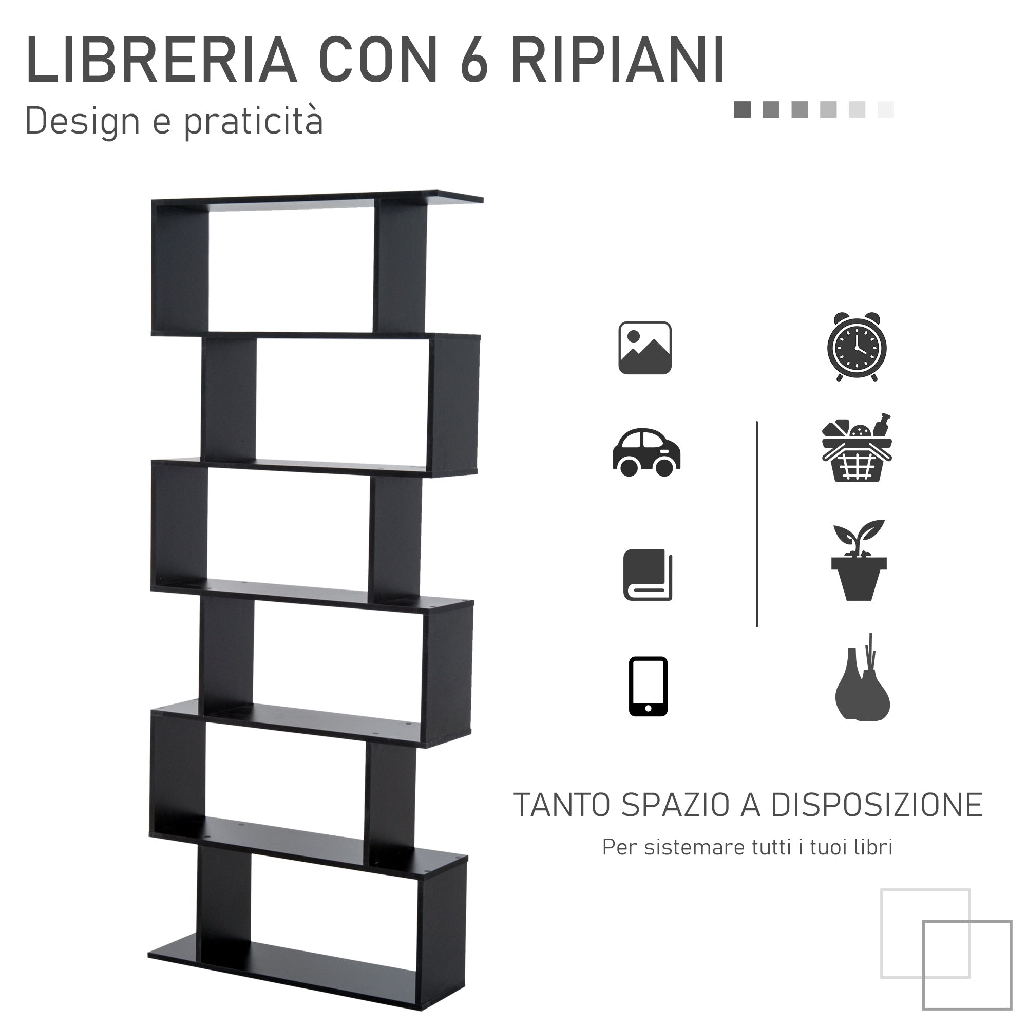 Easycomfort Libreria Legno Design Moderno with 6 Ripiani 80 × 23 × 192cm black