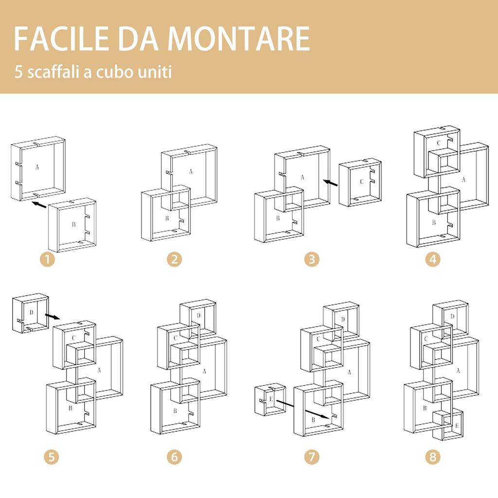 Easycomfort Libreria Moderna Sospesa with 5 Cubi Intrecciati in Legno, 49.5x10.2x86cm, white