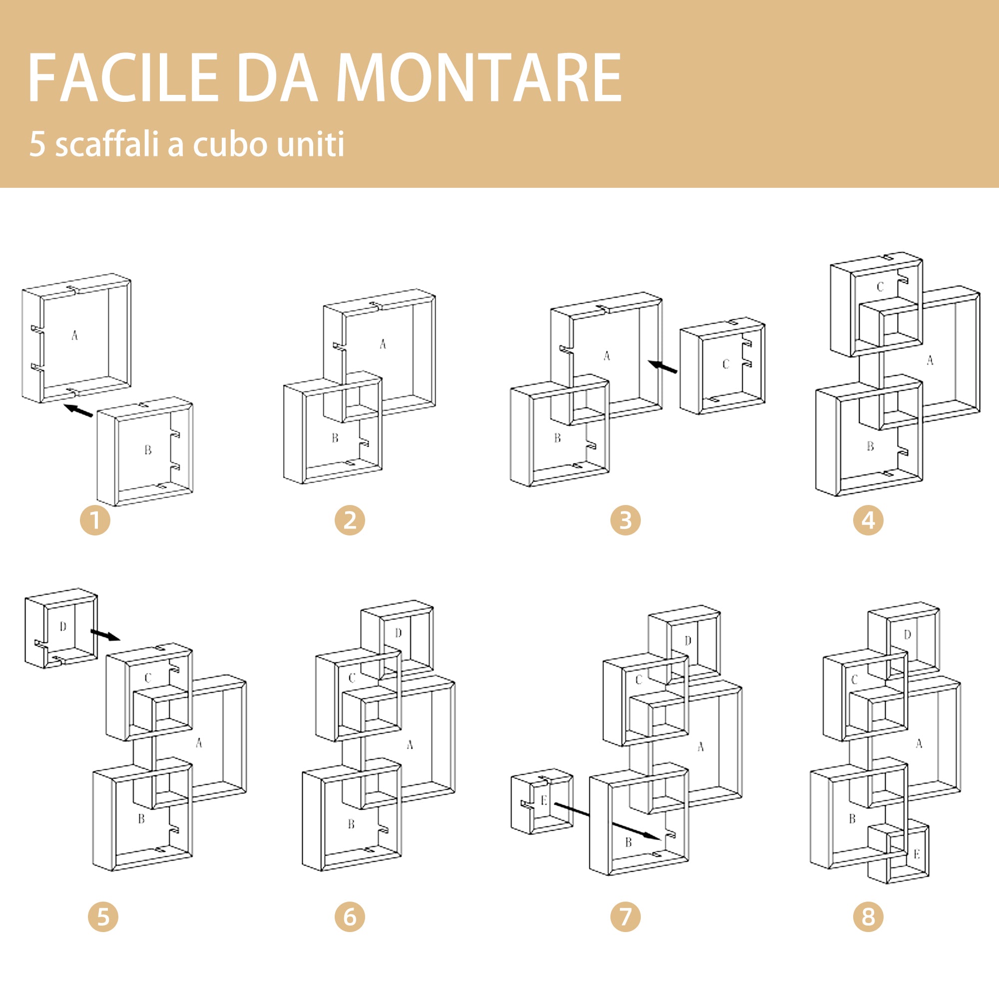 Easycomfort Libreria Moderna Sospesa with 5 Cubi Intrecciati in Legno, 49.5x10.2x86cm, white