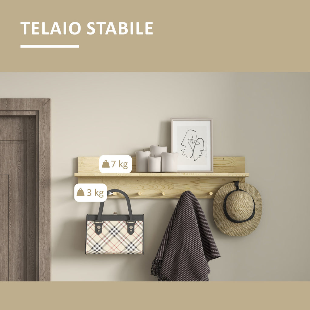 EasyComfort Mensola da Parete in Legno di Abete with 7 Ganci per Ingresso e Soggiorno, 80x12x20 cm