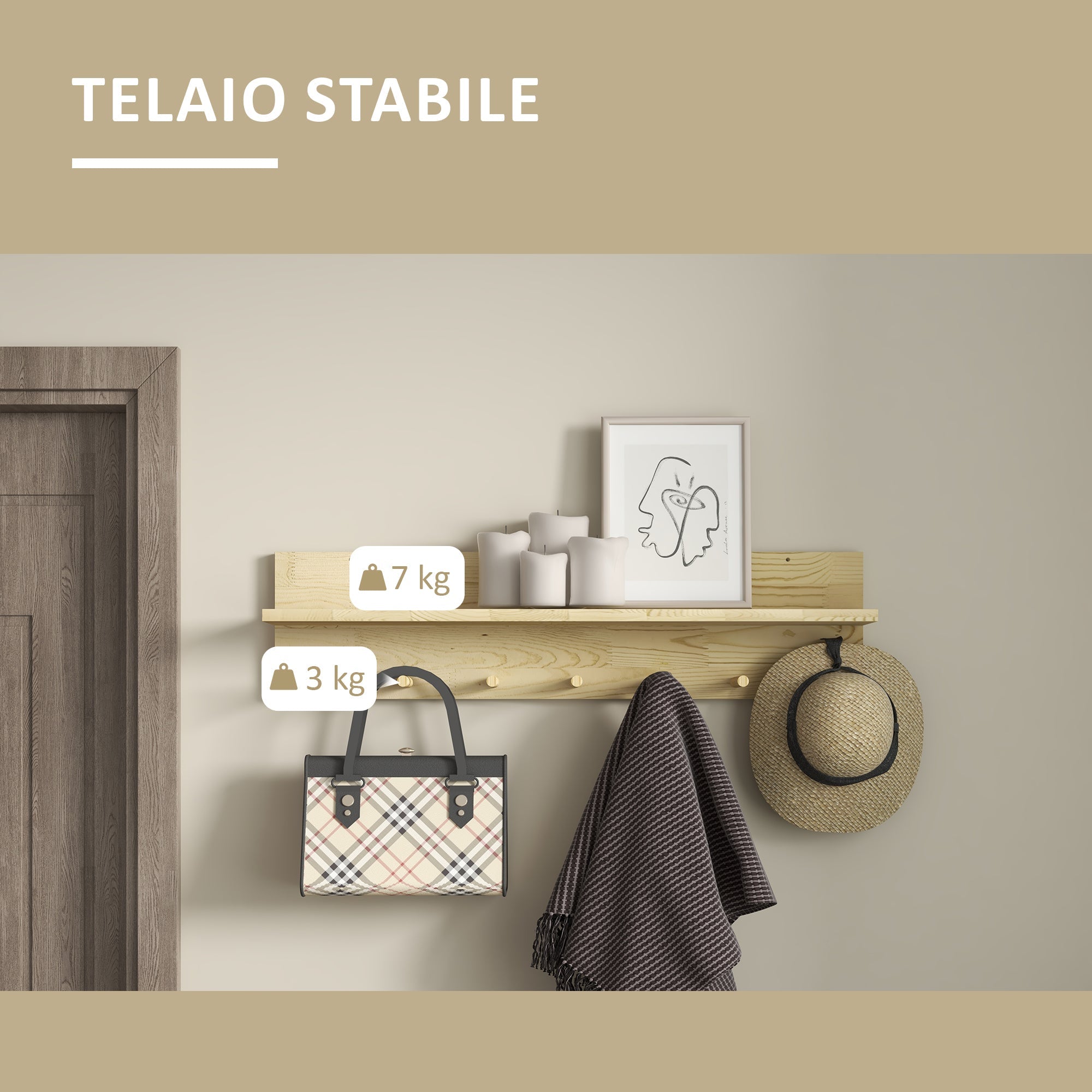 EasyComfort Mensola da Parete in Legno di Abete with 7 Ganci per Ingresso e Soggiorno, 80x12x20 cm