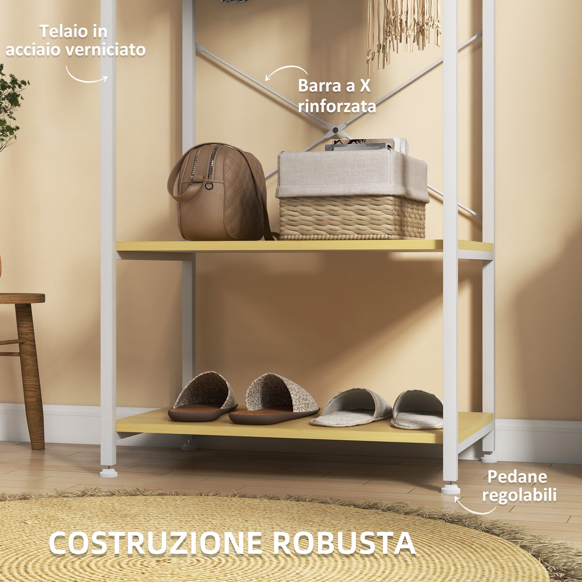 EasyComfort Mobile Appendiabiti 2 in 1 with Ripiano a 2 Livelli, in Acciaio e Truciolato, 60x40x167.5 cm