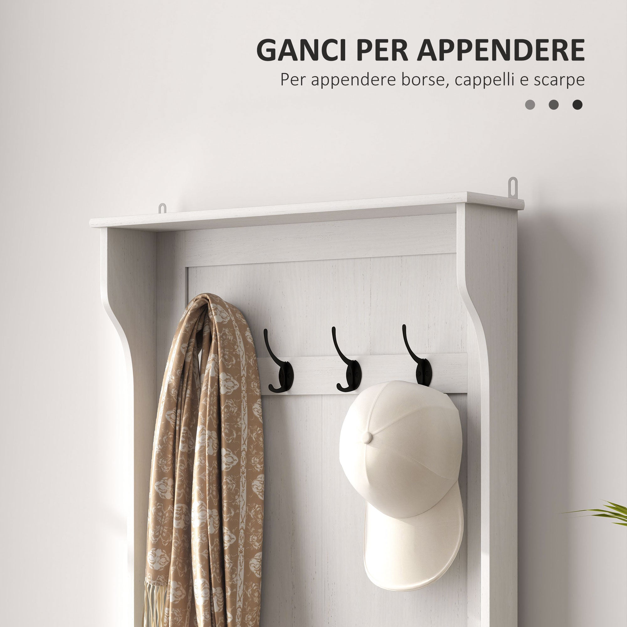 EasyComfort Mobile Appendiabiti 3 in 1 with 4 Ganci e Panca Contenitore, in Legno, 71.5x39.5x170 cm, white