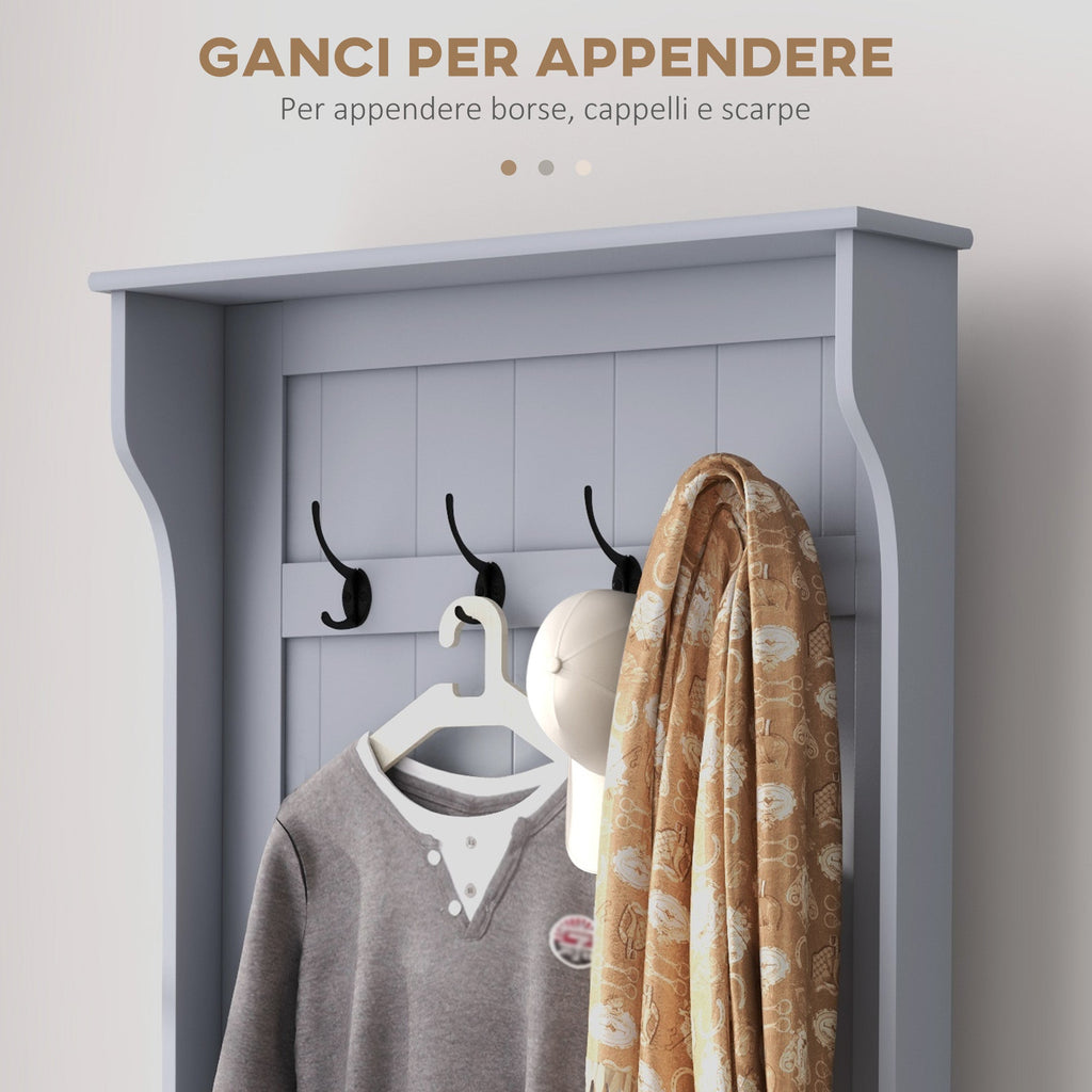 EasyComfort Mobile Appendiabiti 3 in 1 with 4 Ganci e Panca Contenitore, in Legno, 71.5x39.5x170 cm, Grigio
