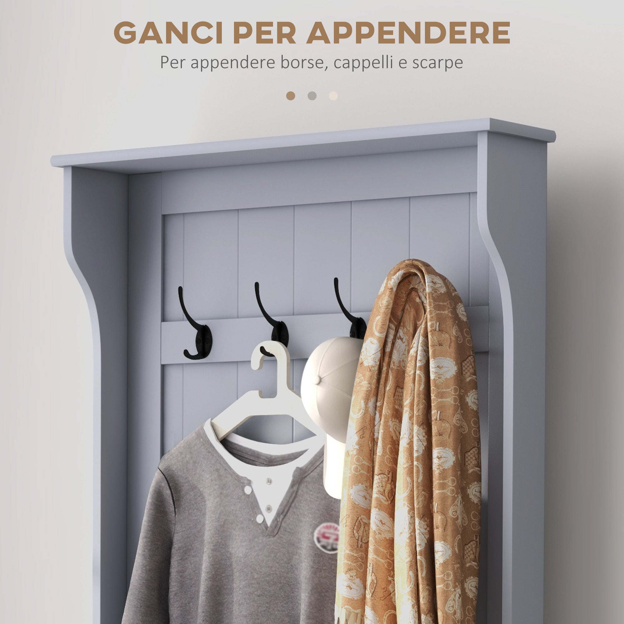 EasyComfort Mobile Appendiabiti 3 in 1 with 4 Ganci e Panca Contenitore, in Legno, 71.5x39.5x170 cm, Grigio