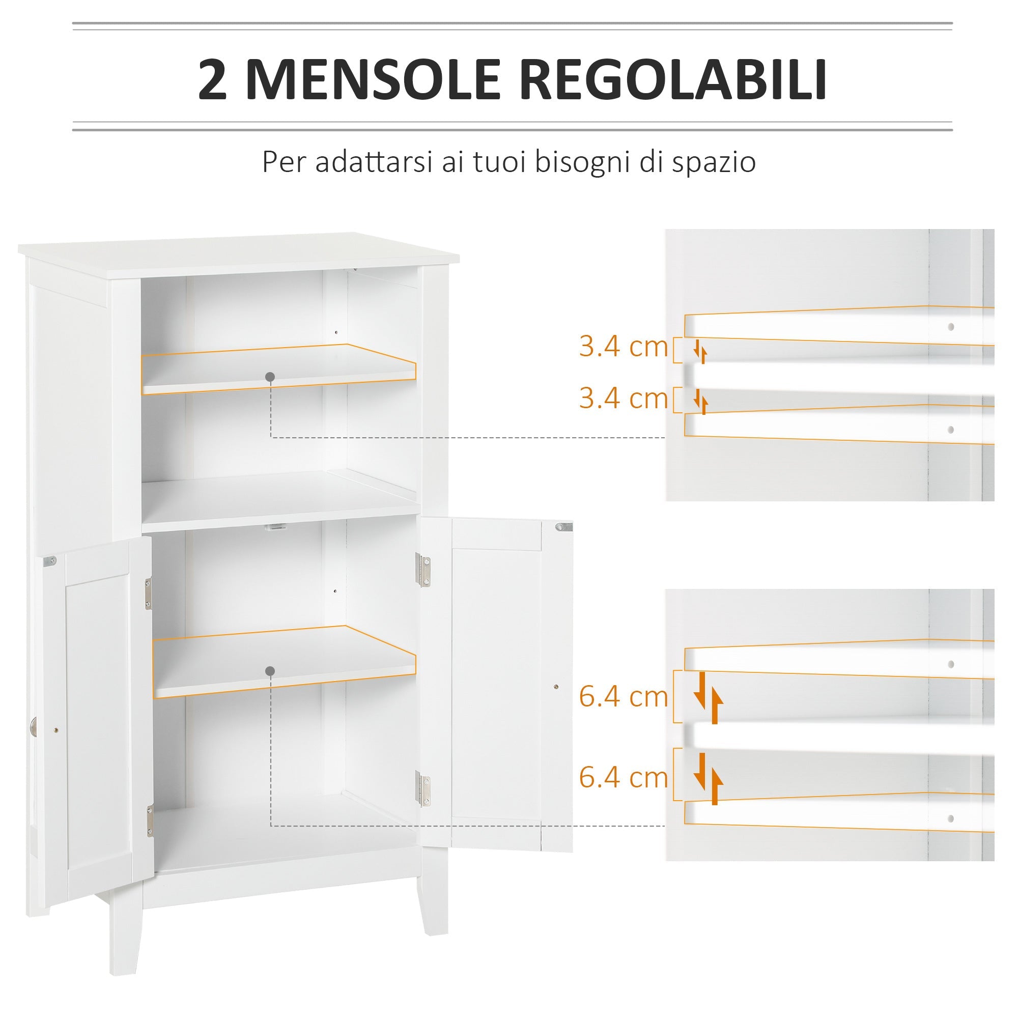 Easycomfort Mobile Bagno with Mensole Regolabili e Armadietto 2 Ante, Mobiletto Bagno Multiuso in Legno, white, 50x30x93cm