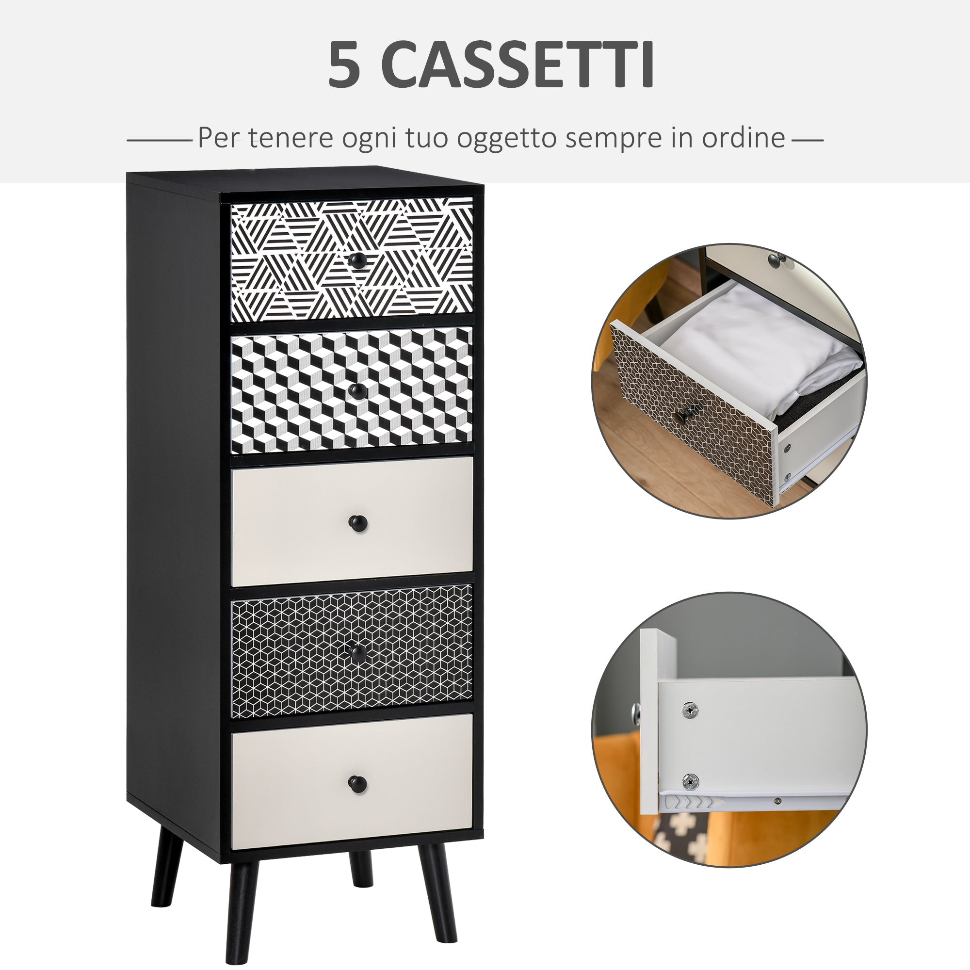Easycomfort Mobile Cassettiera 5 Cassetti Fantasia Geometrica, Arredamento Moderno Camera e Ingresso, 40x40x111.5cm black Grigio