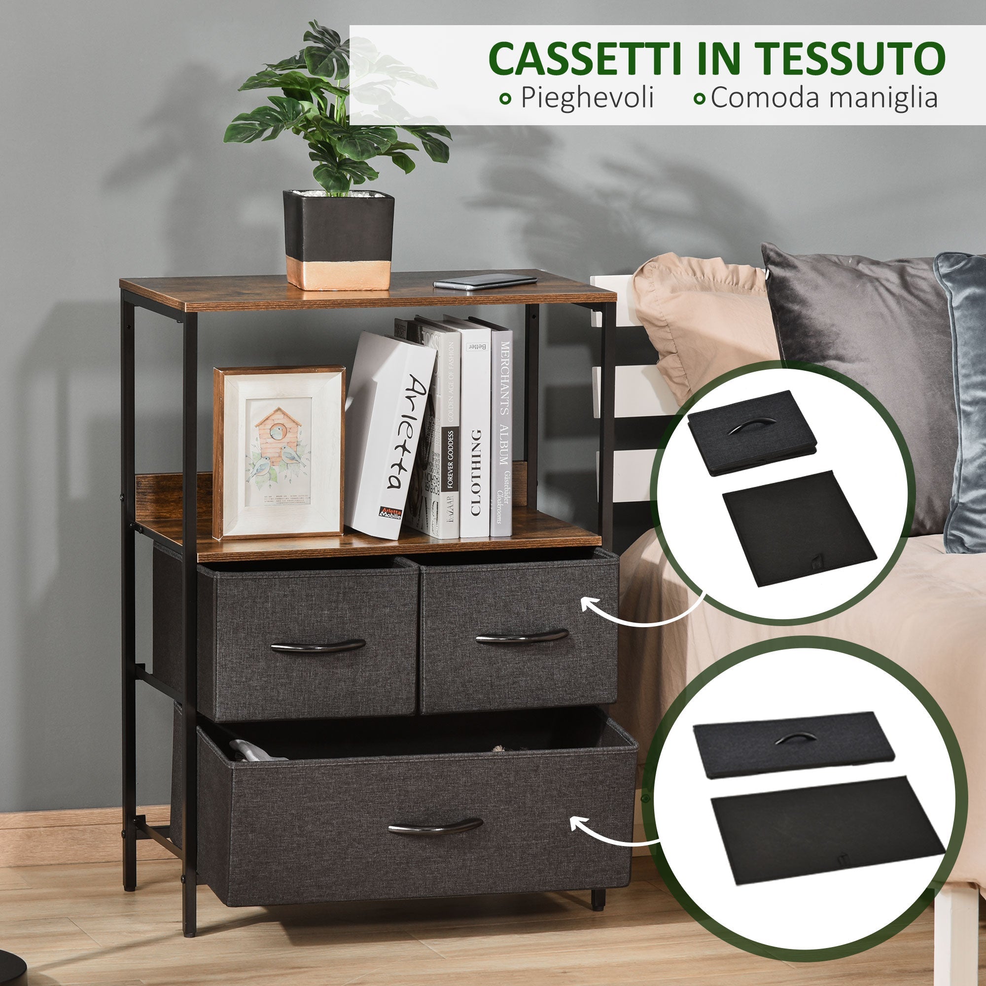 Easycomfort Mobile Cassettiera Multiuso with 3 Cassetti Pieghevoli in Tessuto, Arredamento Soggiorno e Camera, 58x29x81.5cm, Grigio Scuro