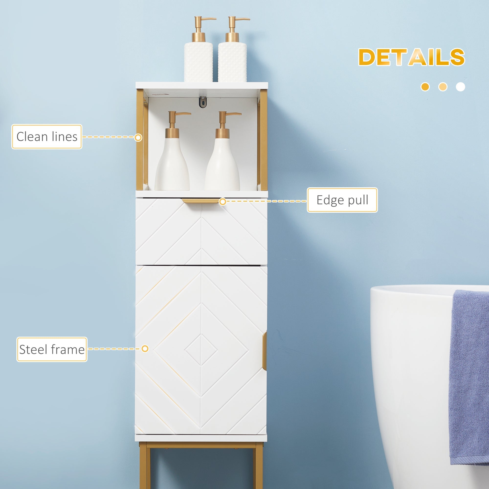 Easycomfort Mobile Colonna Bagno with Cassetto, Armadietto e Ripiano in Legno e Metallo, 30x30x105cm, white