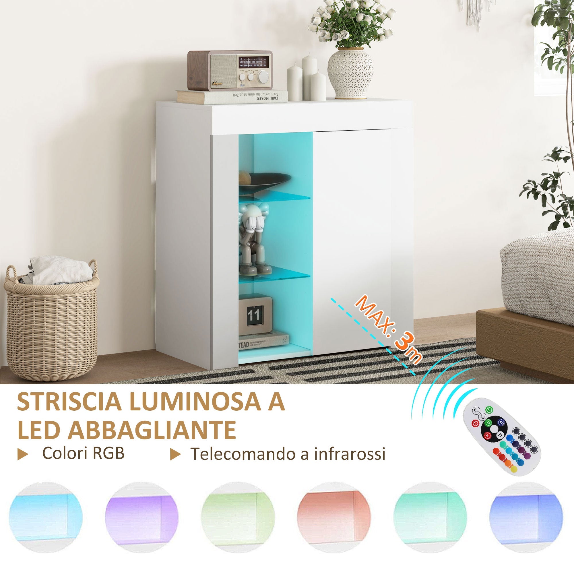 EasyComfort Opbergkast met LED, 3 planken & 2-deurs kast, 75x40.1x83 cm, wit