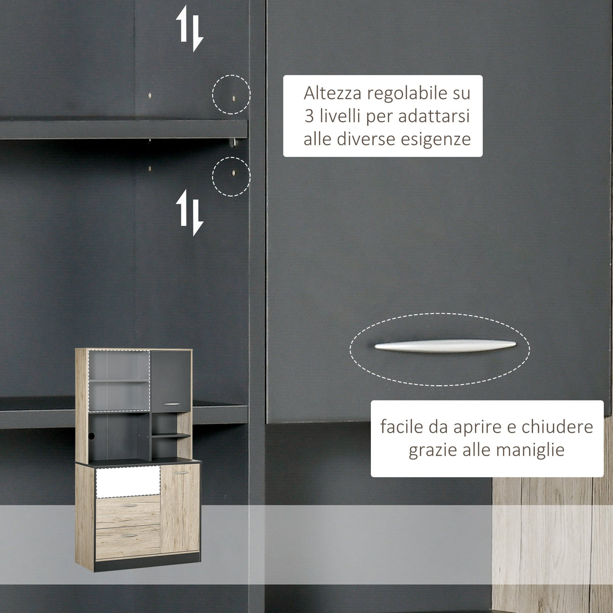 EasyComfort keukenkast met magnetronvak 90 x 39 x 169 cm grijs eiken