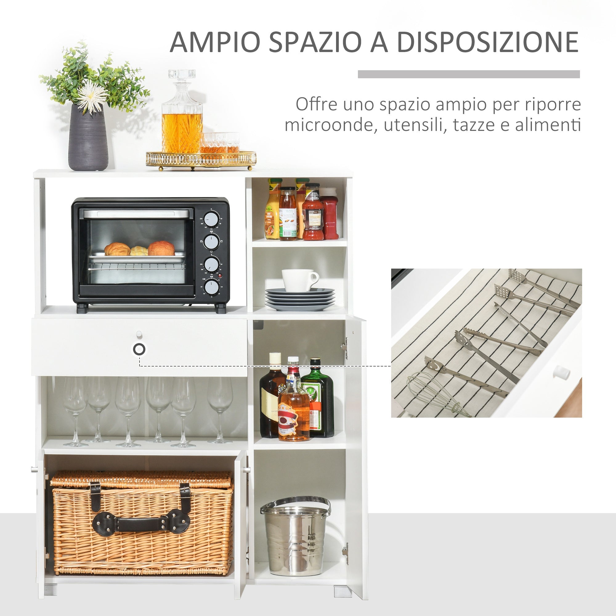 Easycomfort Mobile Cucina per Microonde with Armadietti, Mensole e Cassetto, Credenza Moderna in Legno 90x40x120cm white