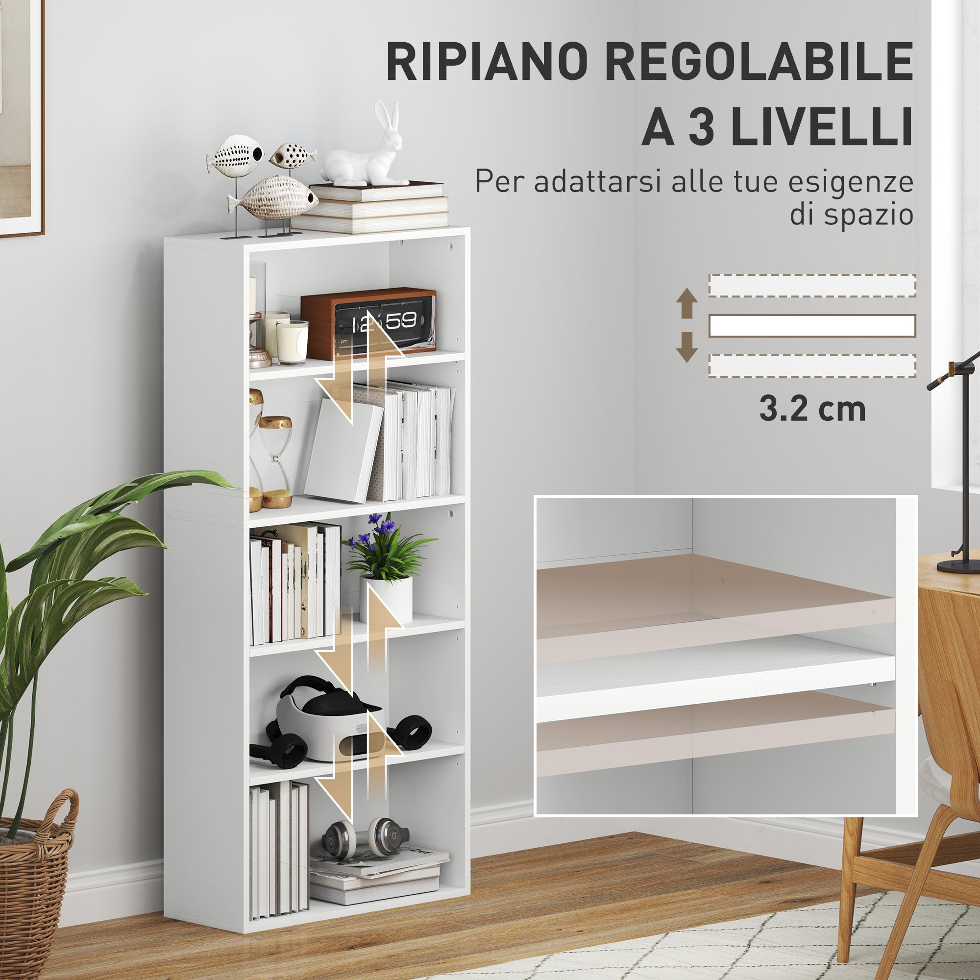 EasyComfort Mobile Libreria a 5 Ripiani with 3 Scaffali Flessibili, in Legno, 60x24x133.5 cm, white