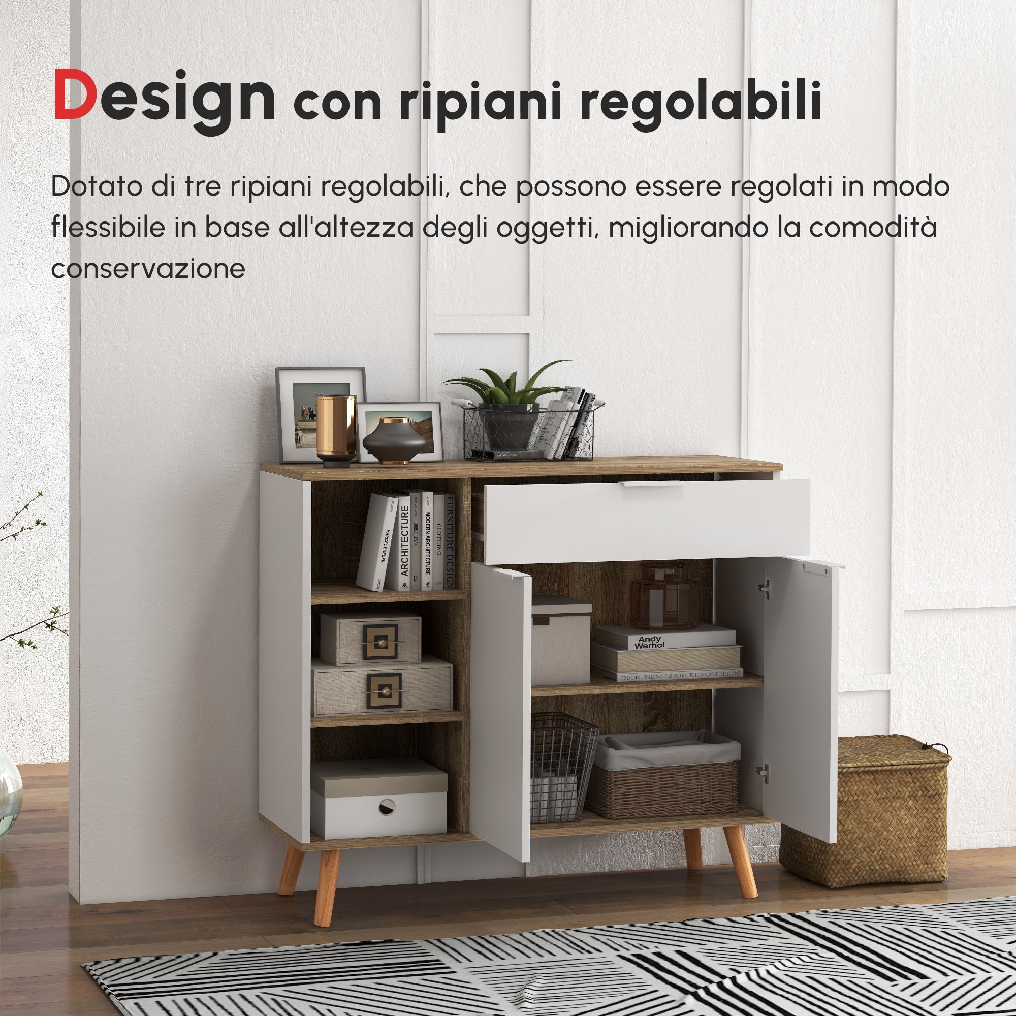 EasyComfort Mobile Multiuso Salvaspazio with 3 Ripiani Aperti, Armadietto e Cassetto, in Truciolato, 95x35x85 cm