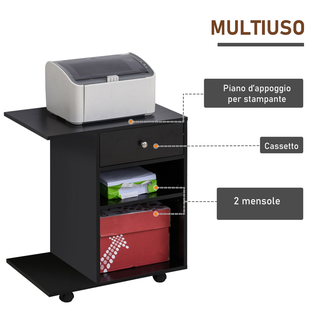 Easycomfort Mobile Porta Stampante in Legno black with 1 Cassetto, 2 Ripiani e Mensola CPU, per Ufficio 60x40x68.5cm