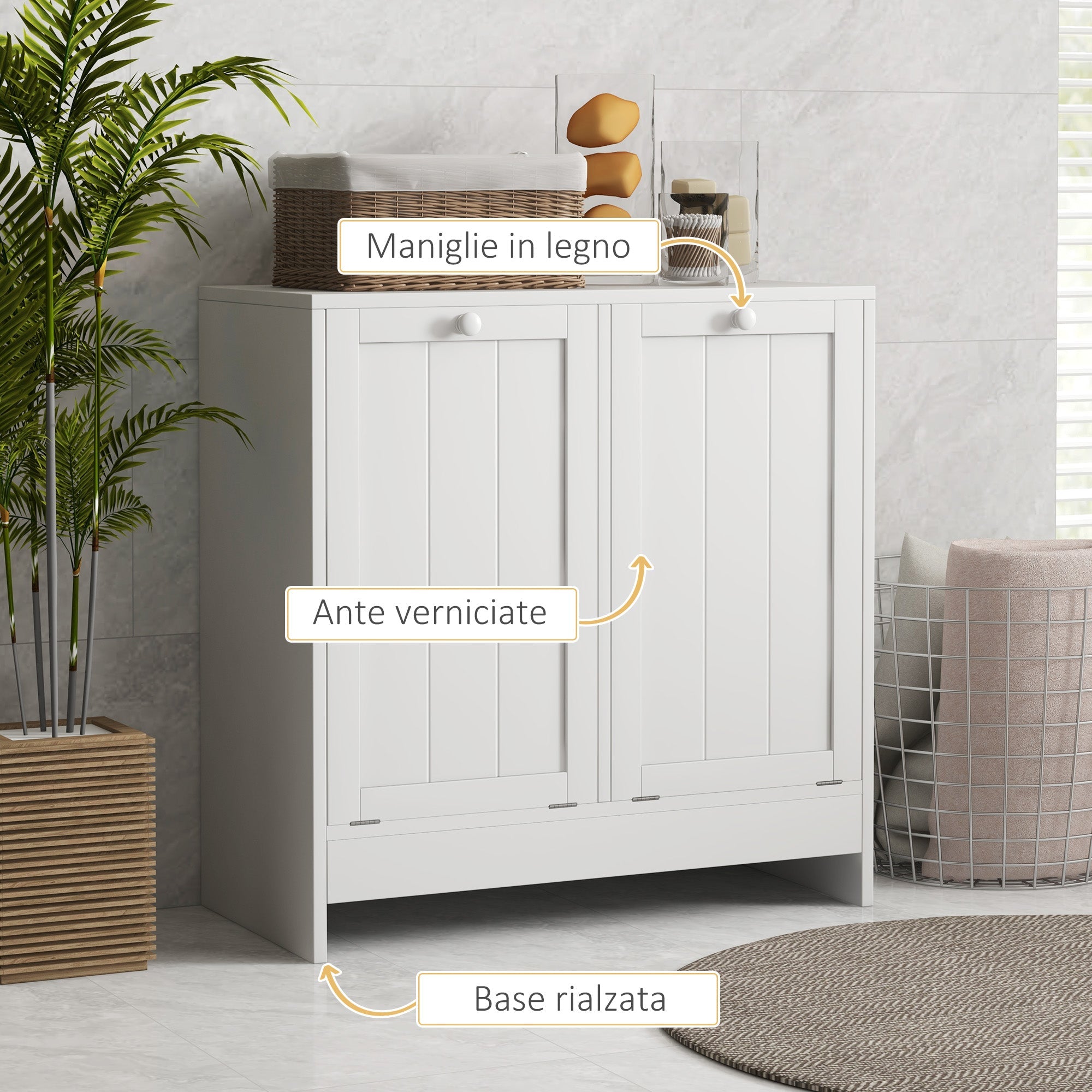 EasyComfort Mobile Portabiancheria with 2 Scomparti a Ribalta in Legno, 66x33x68cm, white