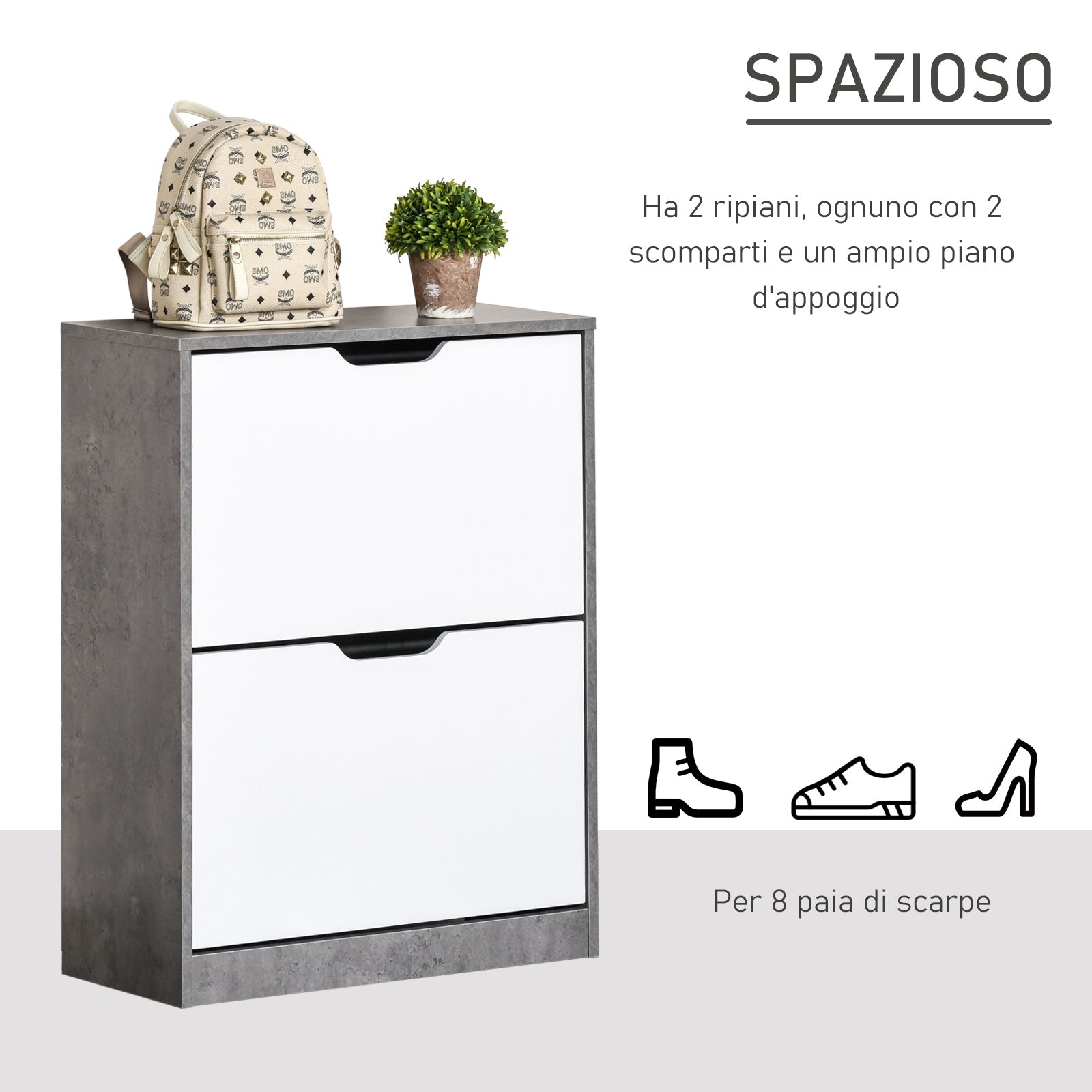 Easycomfort Mobile Portascarpe, Scarpiera Salvaspazio Bassa a 2 Ante per 8 Paia di Scarpe, Arredamento Moderno, Grigio e white, 62.5x26x81cm