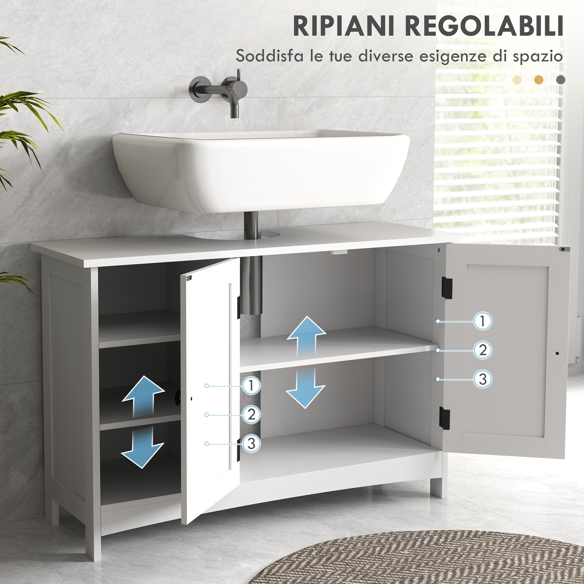 EasyComfort Mobile Sotto Lavabo Bagno with Armadietto a 2 Ante e 3 Ripiani Aperti in Legno, 90x30x60cm, white