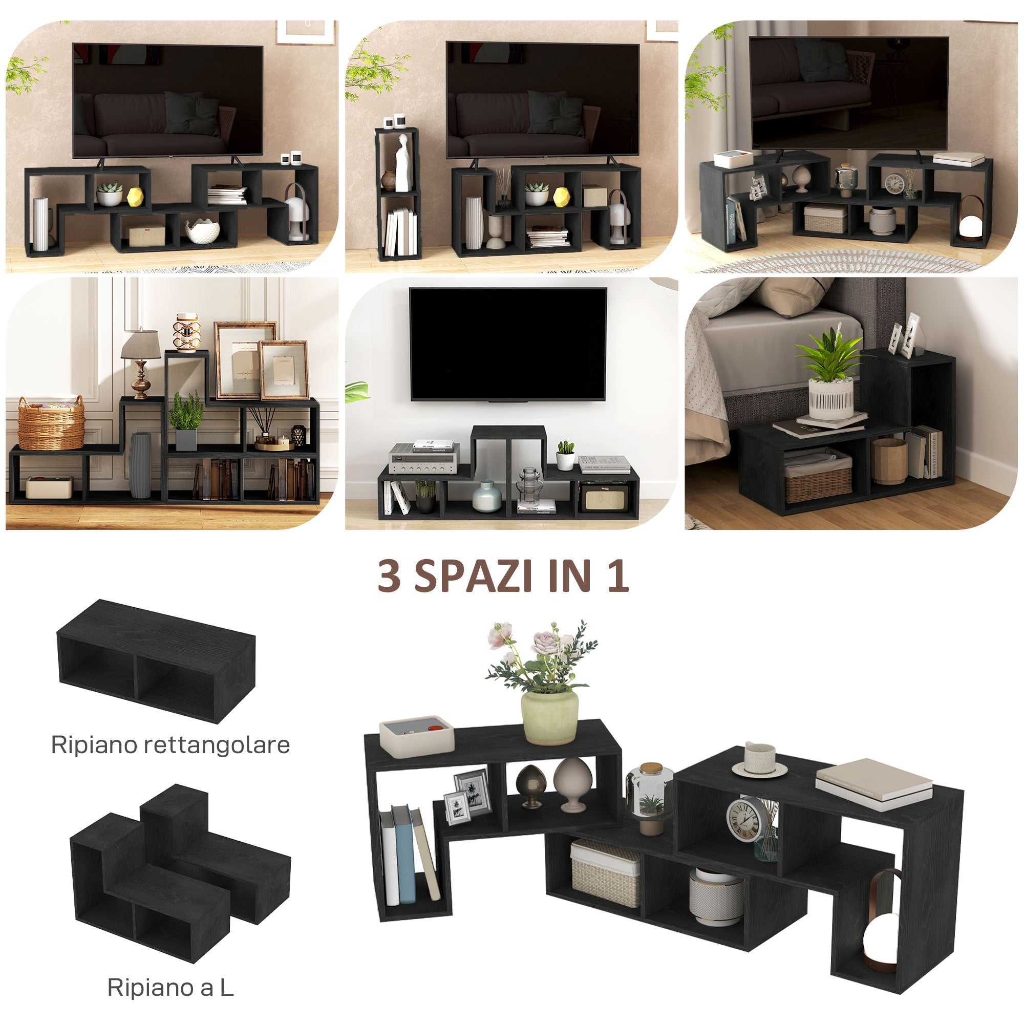 EasyComfort TV-meubel modulair 75" - 2 L-planken + rechthoekige plank, 134-180x30.5x44 cm