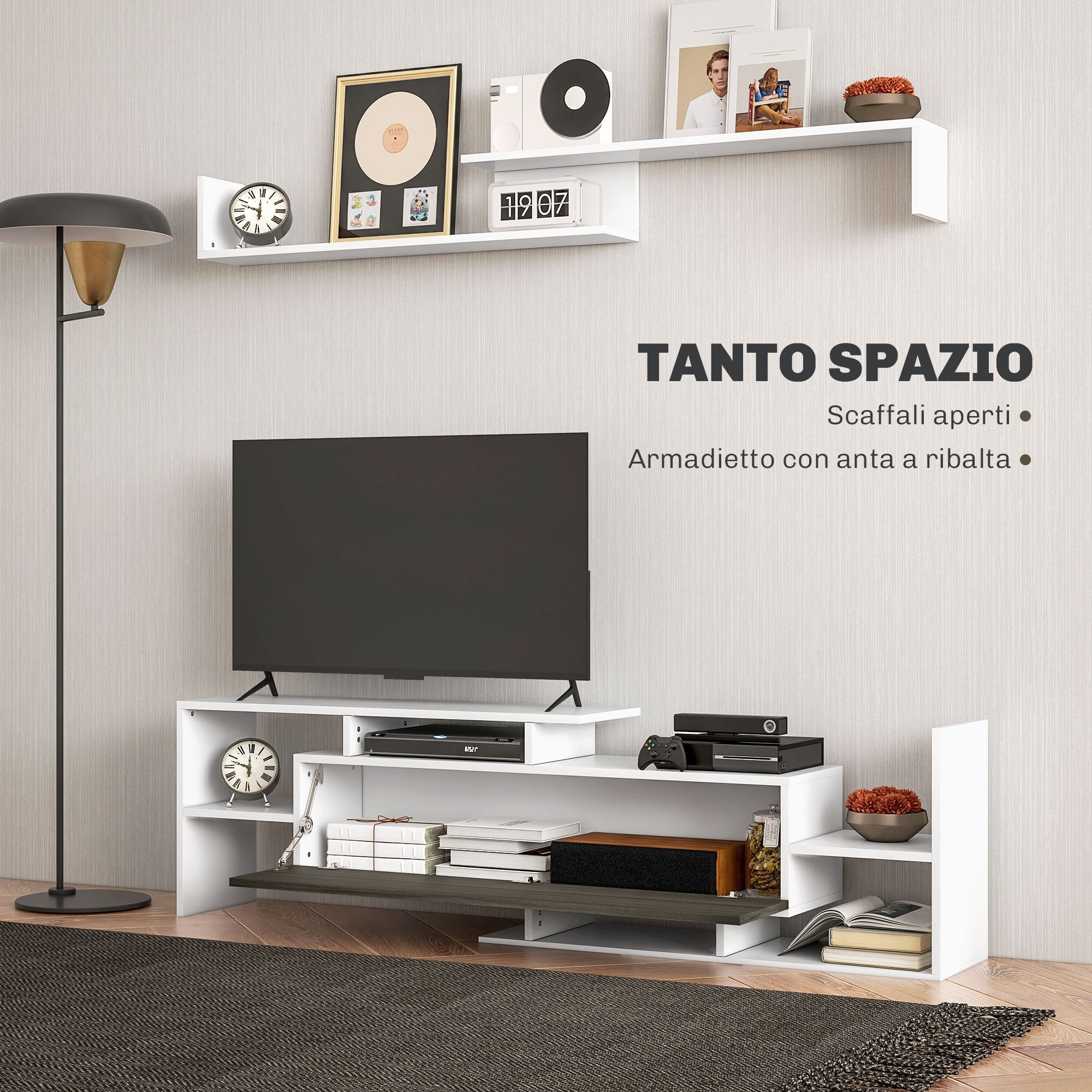 EasyComfort Mobile TV meubel met wandplank, 153.6 cm, wit/zwart