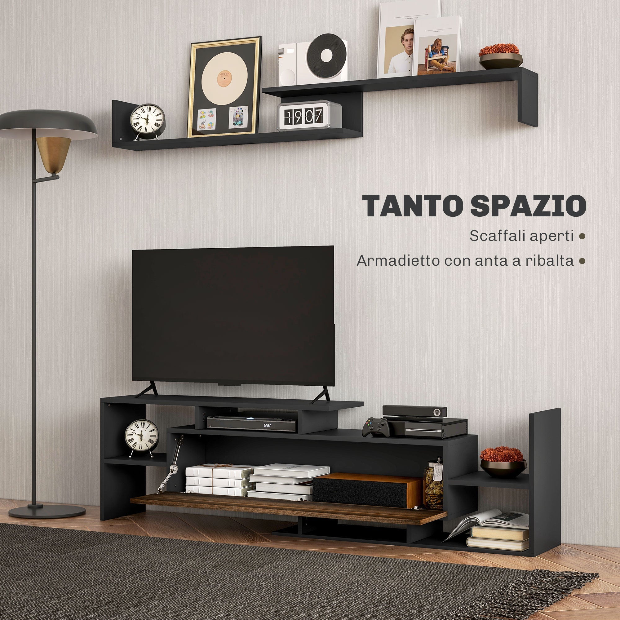 EasyComfort TV-meubel met wandplank, open planken en kast, zwart/bruin