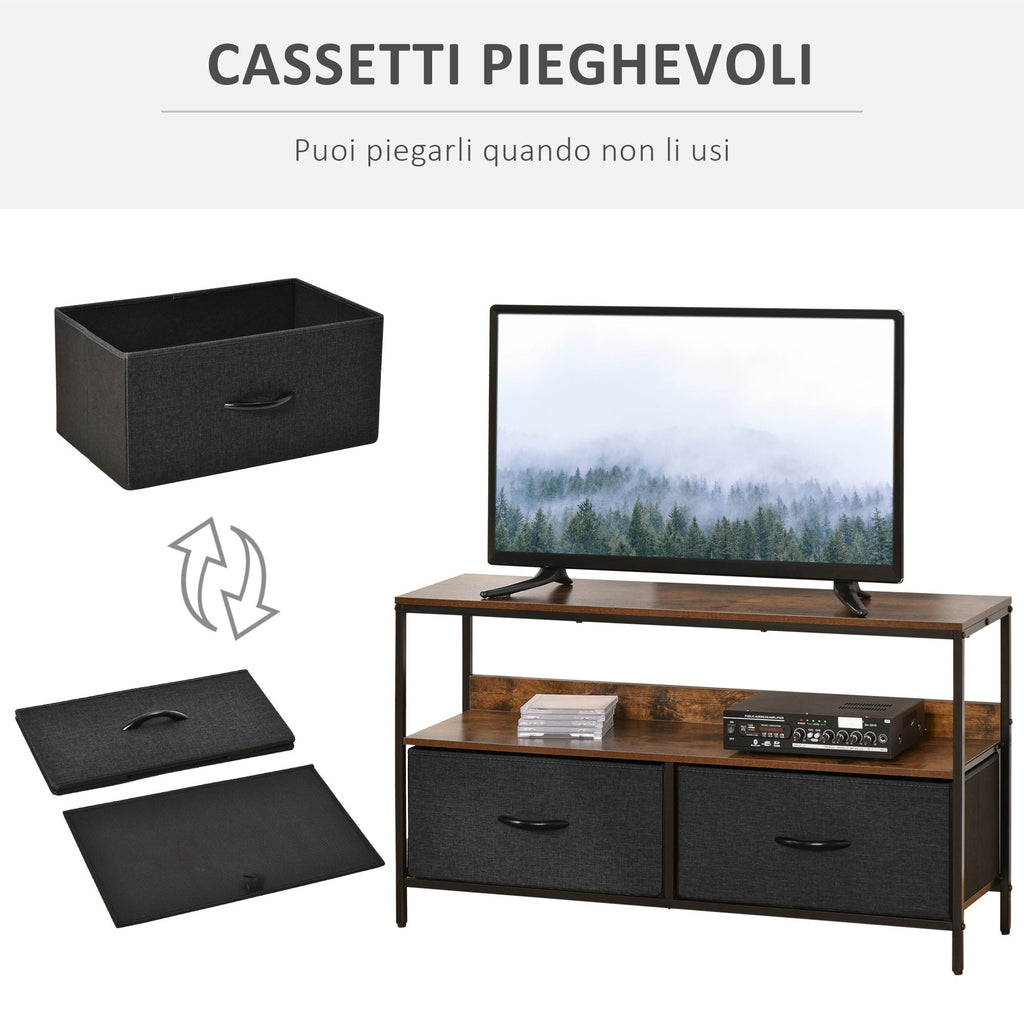 Easycomfort Mobile TV Stile Industriale with Cassetti Pieghevoli in Tessuto e Mensola, Mobiletto TV in Metallo e MDF, 98x29x56cm, Marrone e black