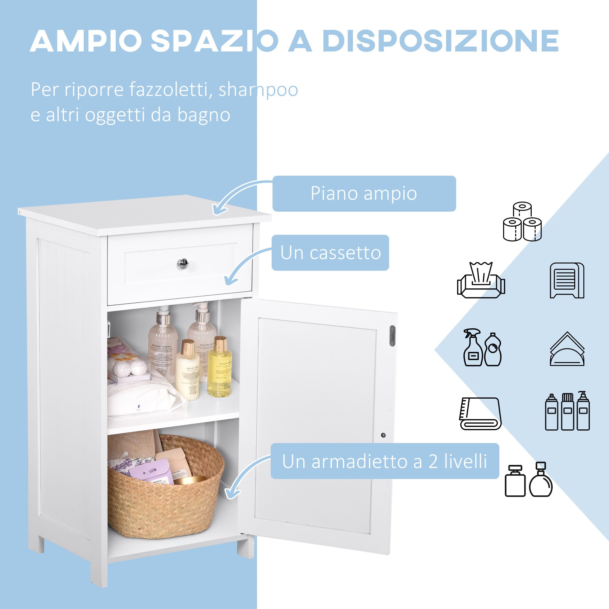 Easycomfort Mobiletto Armadietto 2 Cassetti Design Anti-Ribaltamento da Bagno in MDF 43 x 34 x 77cm white
