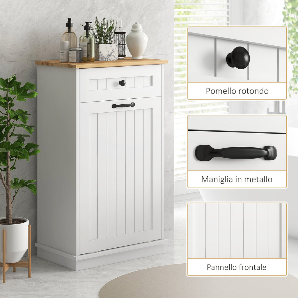 EasyComfort Mobiletto Bagno in Legno with Cesto Portabiancheria in Tessuto Ribaltabile e Cassetto, white