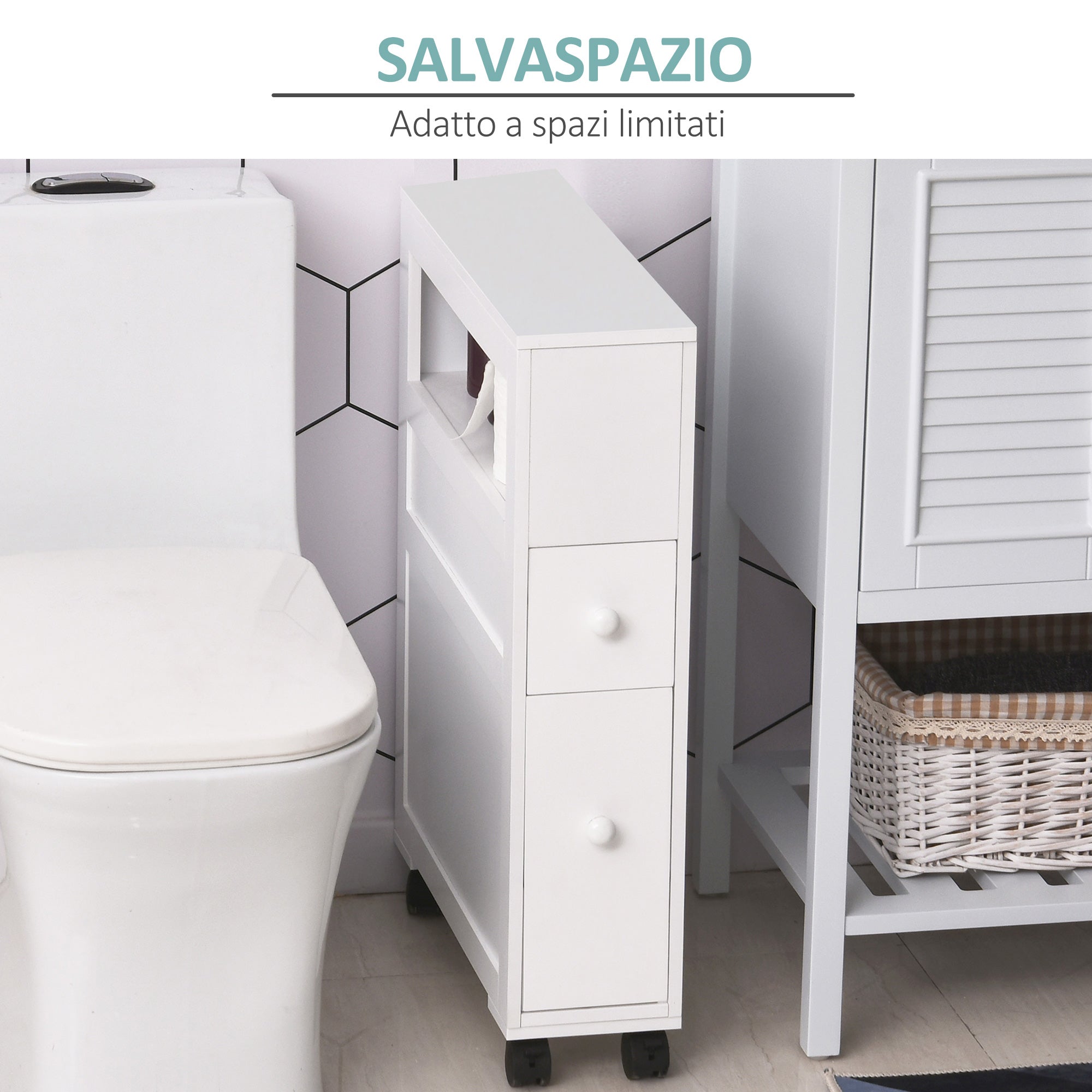 Easycomfort Mobiletto da Bagno 2 Cassetti Salvaspazio with 4 Ruote Legno 16x52x71.5cm white